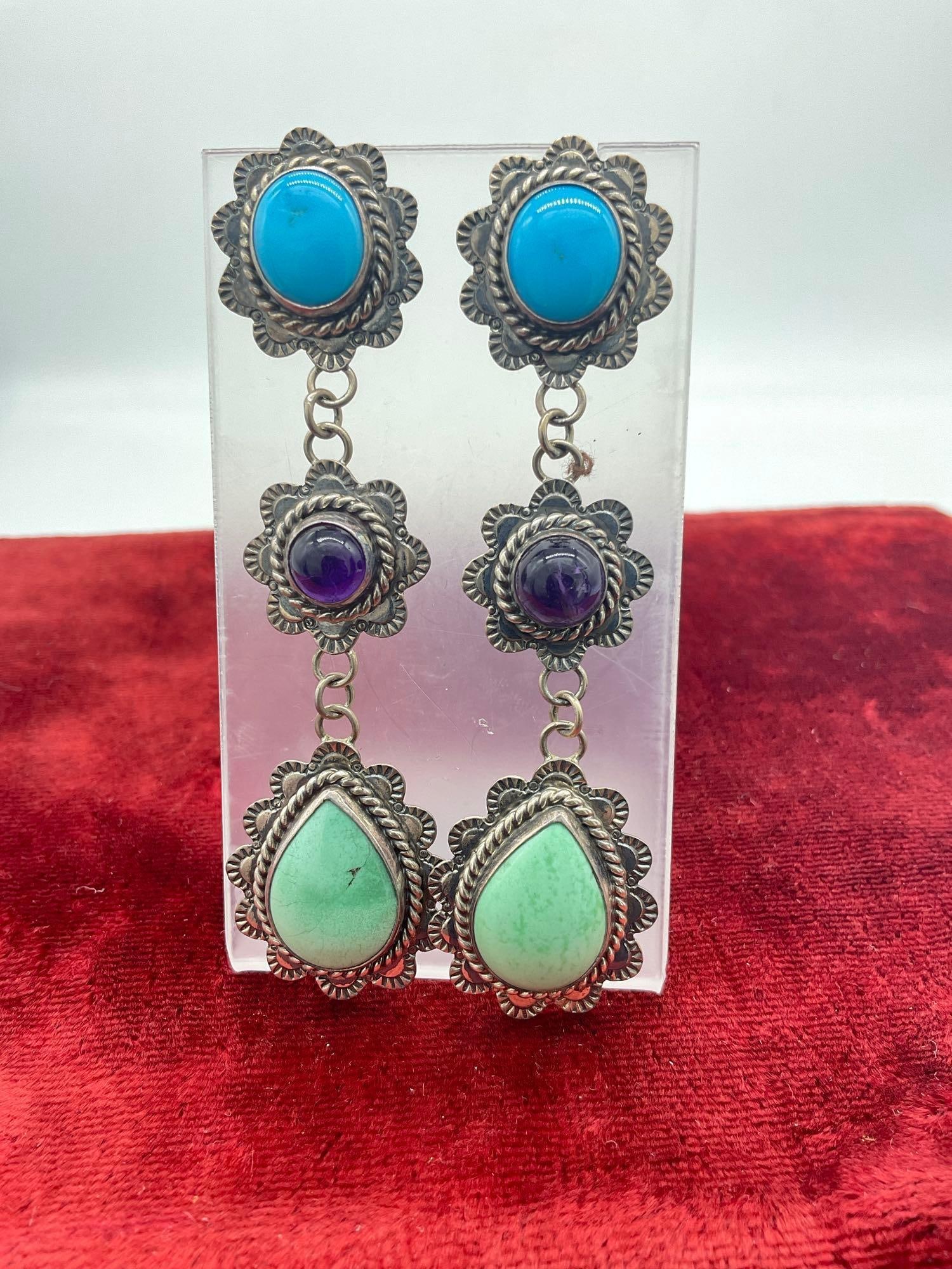 Colorful Native American sterling silver earrings with semi-precious cabochons by Nakai: Marked Nakai sterling, cabochons appear to be turquoise, sugilite and one other JC-5320