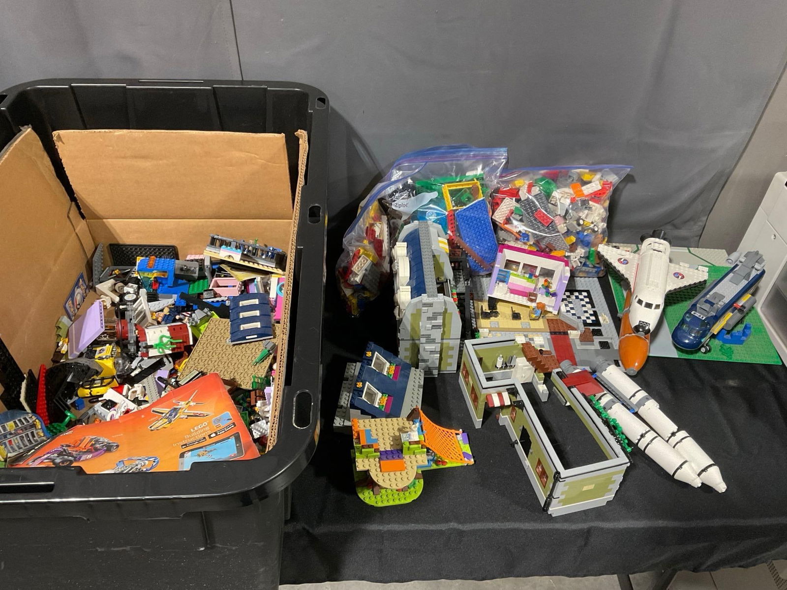 Tub of Legos, Space Shuttle, Bags of Legos, Helicopter, Houses & more, 16h x 31w x 21d inches (1 of 5)