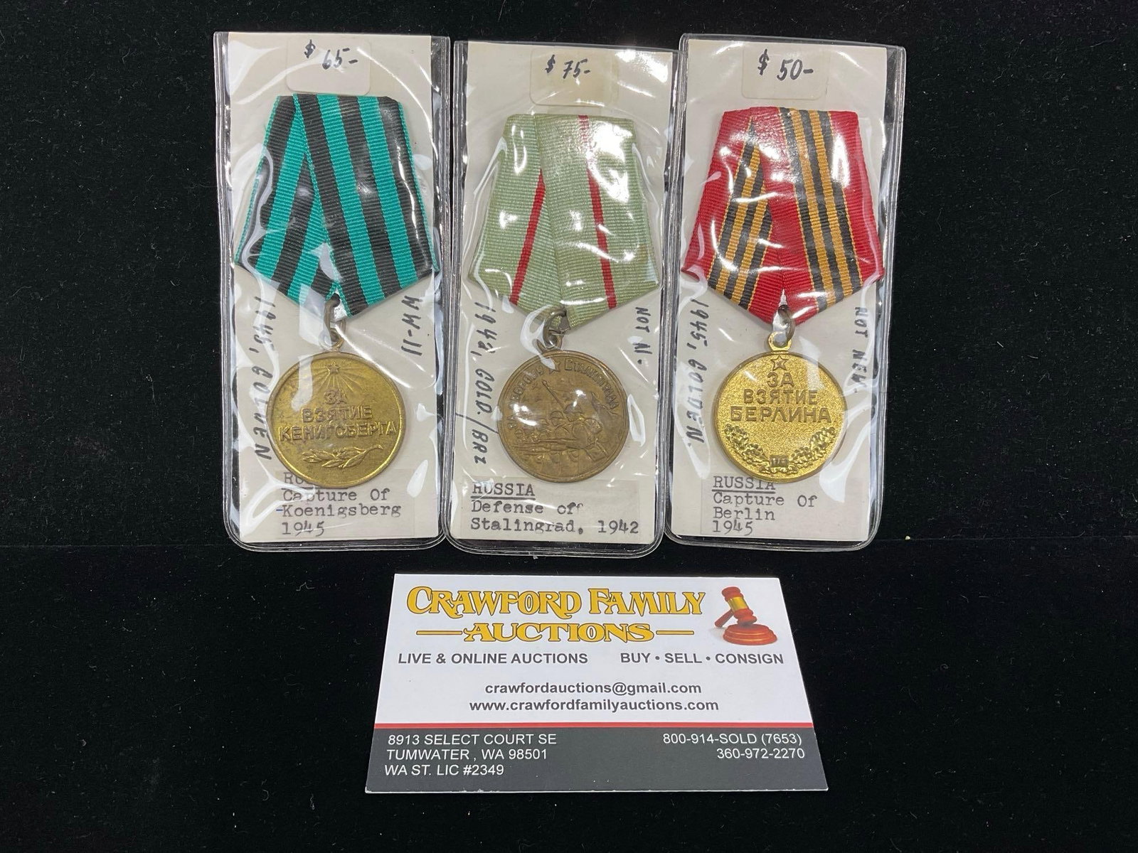 3 USSR WW2 Medals, Capture of Koenigsberg 1945, Defense of Stalingrad 1942 & Capture of Berlin 1945: All from a single collection, these are briefly described on the tag and were kept in a display. They measure approx 6h x 3w x 2d inches. See pics. E-5300