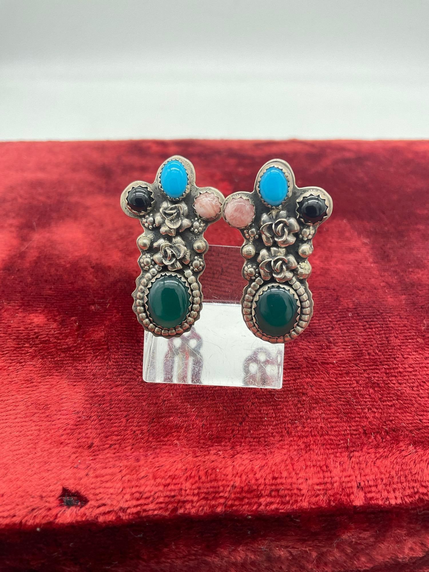 Ornate sterling silver Native American Leonard Platero semi precious stone clip on earrings (1 of 3)