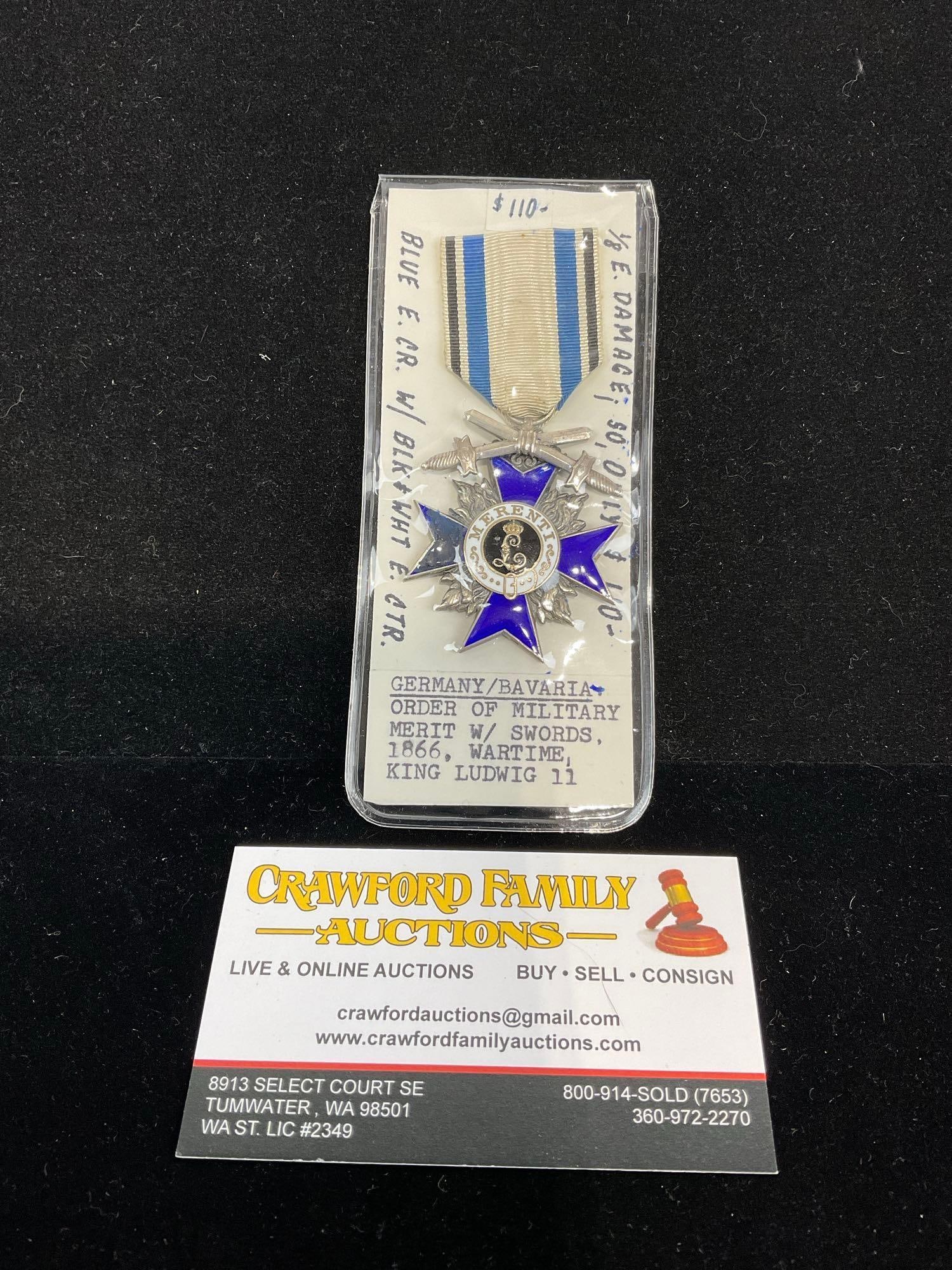 Rare Medal, German-Bavarian Order of Military Merit w/ Swords, 1866, Wartime, King Ludwig II (1 of 3)