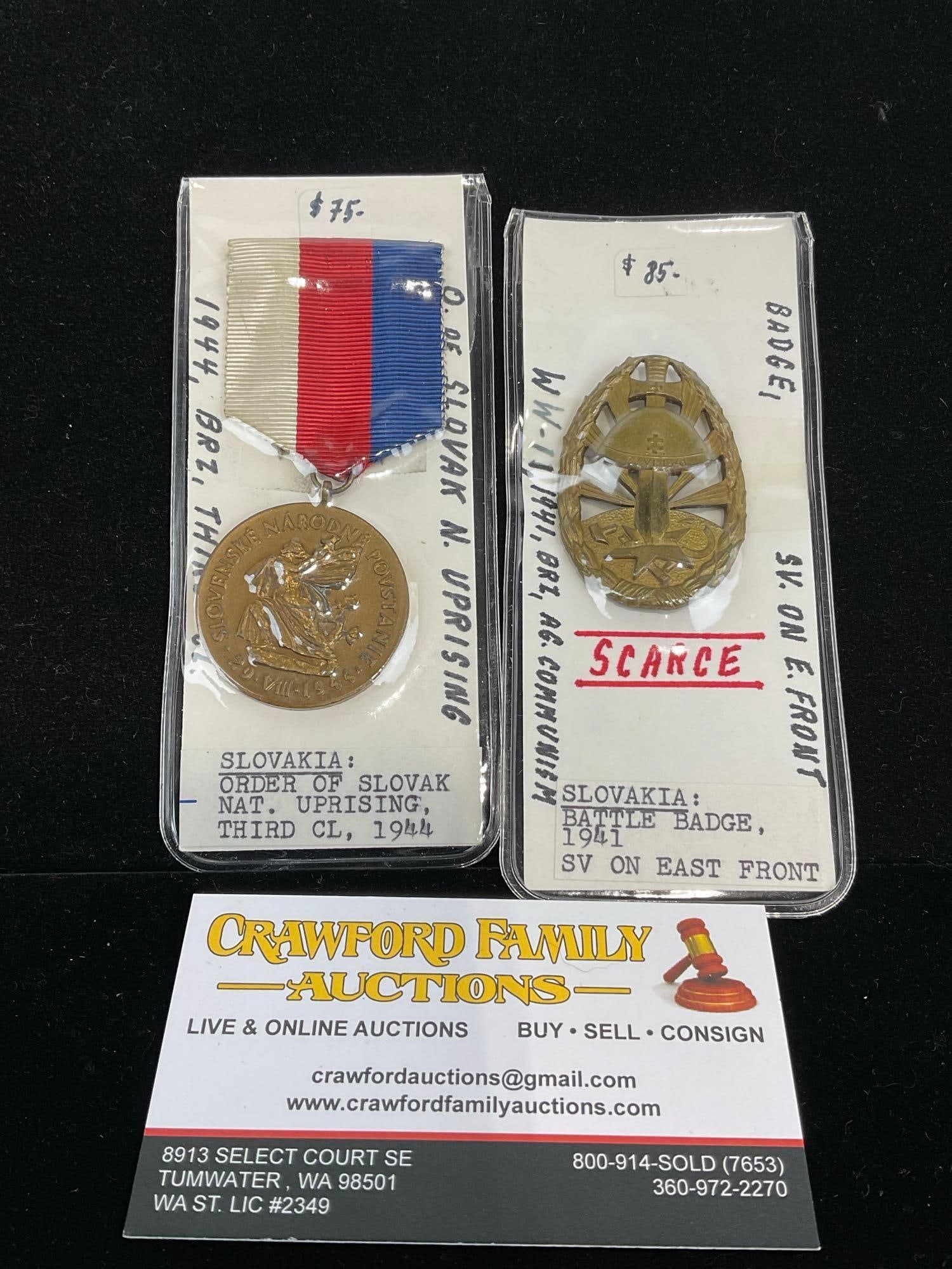 Pair of Slovakian Medals, Order of Slovak Nat. Uprising Third Class 1944 & Battle Badge 1941 East... (1 of 3)