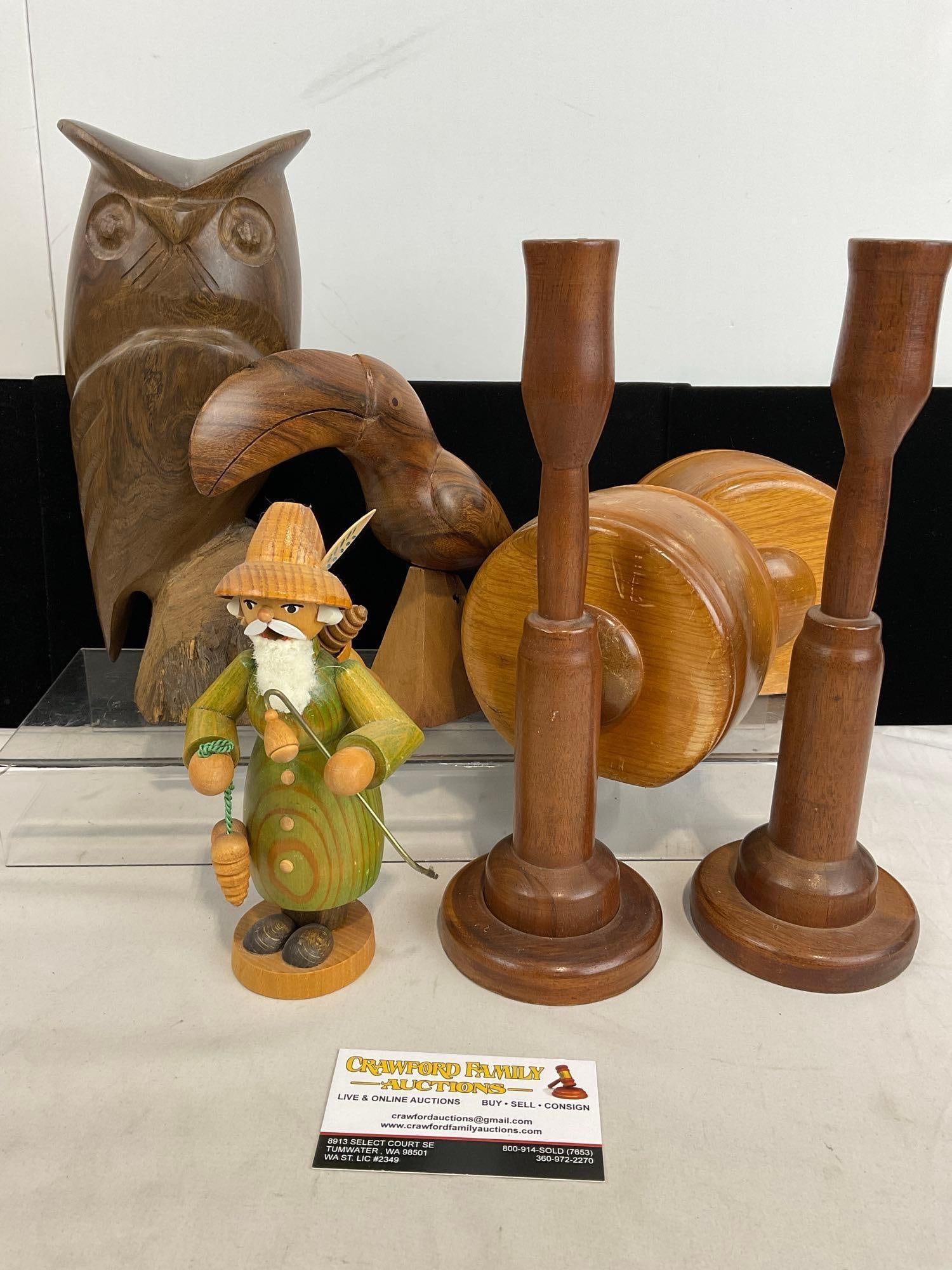 Carved Owl Statue, Toucan from Belize, Handmade German Figure, Pair of Candlesticks, 2 Bookends: Appears to be in good shape. The pieces fit in a box that measures approx 11h x 11w x 11d inches. See pics. E-5180