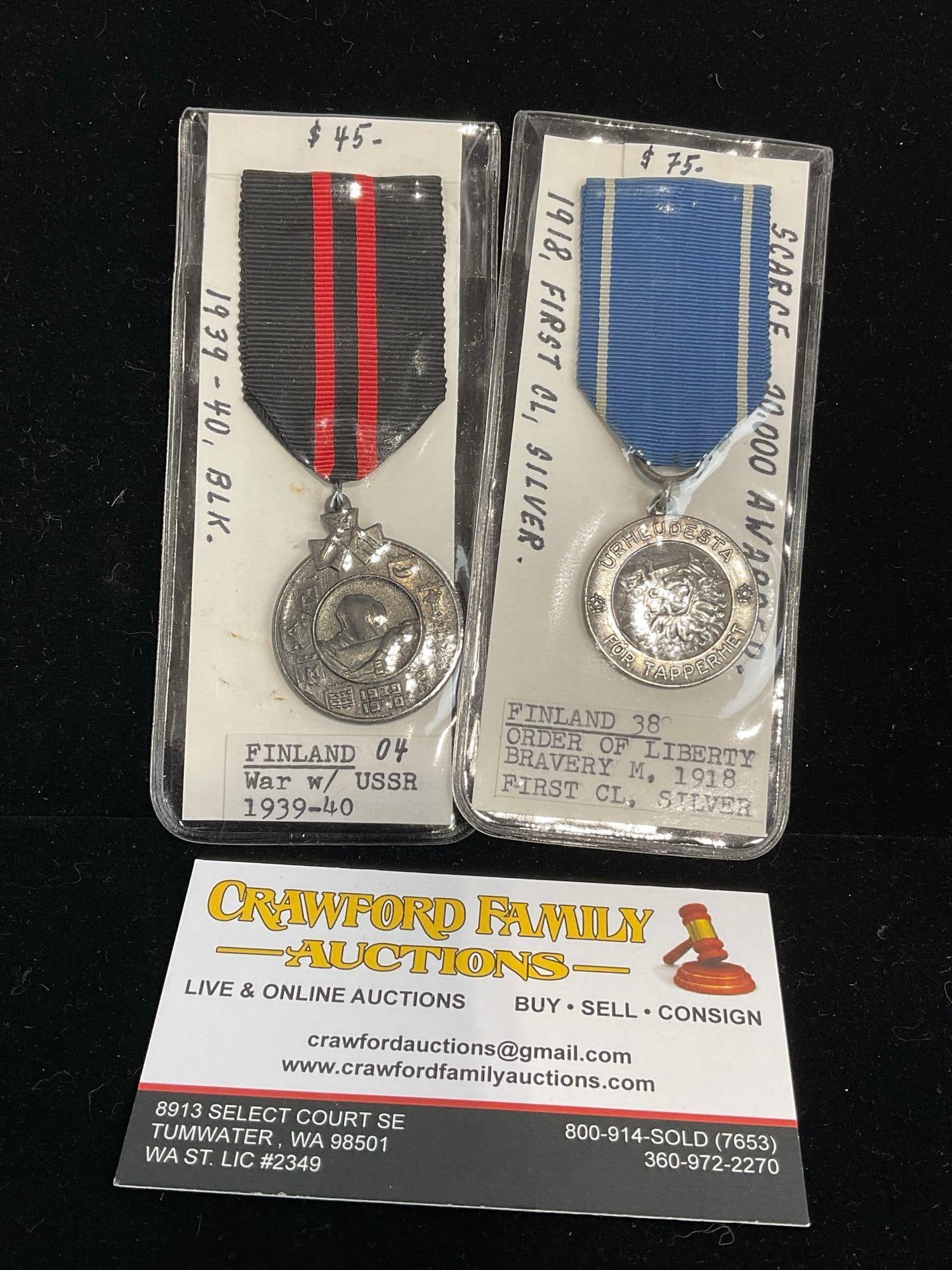 Pair of Finnish Medals, War w/ USSR 1939-40 & Order of Liberty Bravery 1918 First Class, Silver: All from a single collection, these are briefly described on the tag and were kept in a display. They measure approx 6h x 3w x 2d inches. See pics. E-5300
