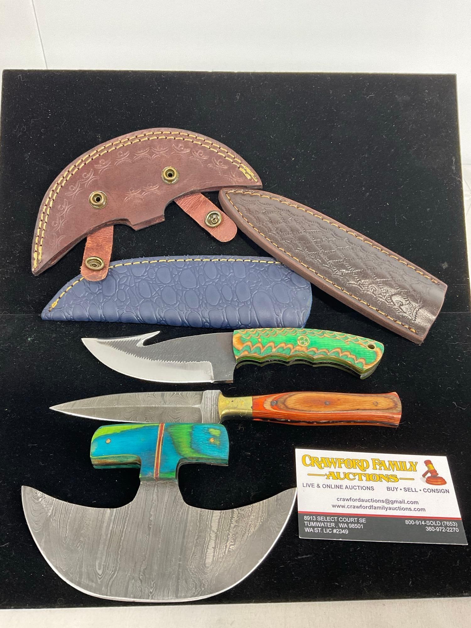 Fish Knife, Dagger & Mezzaluna Damascus style Knives, w/ Custom Wooden Handles & Leather Sheaths (1 of 3)