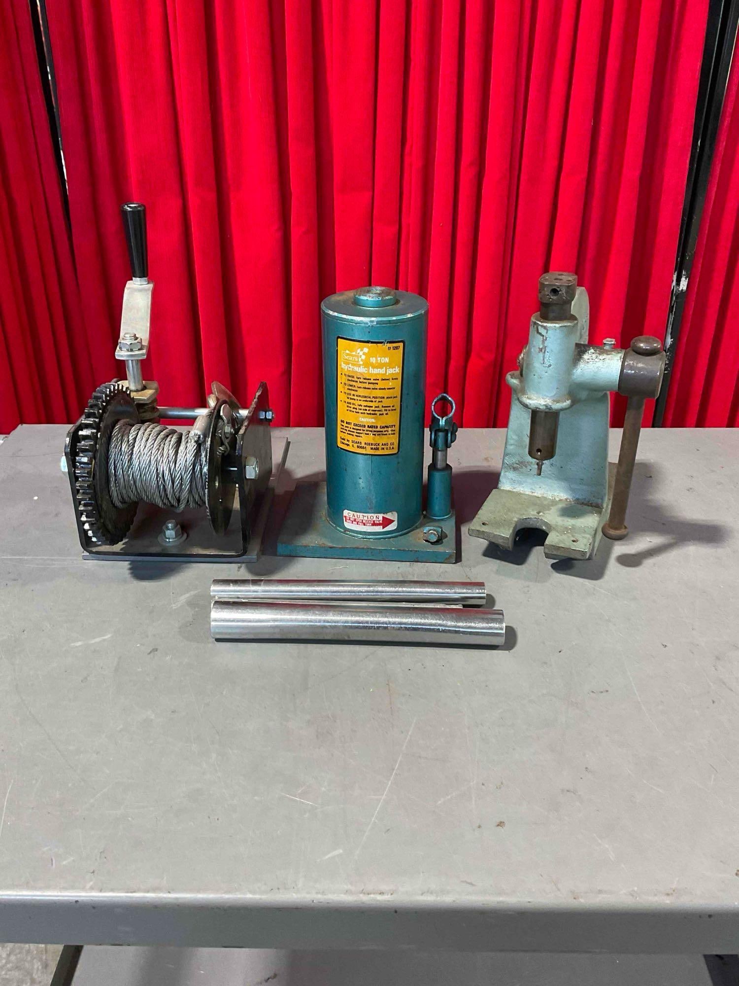 Collection of Tools Including Sear 10 Ton Hydrolic Jack, Greenerd Arbor Press No1: Approximately 15" x 14" x 13" items are in fair condition. As is. V-5180 *No in-house shipping, due to size and weight*