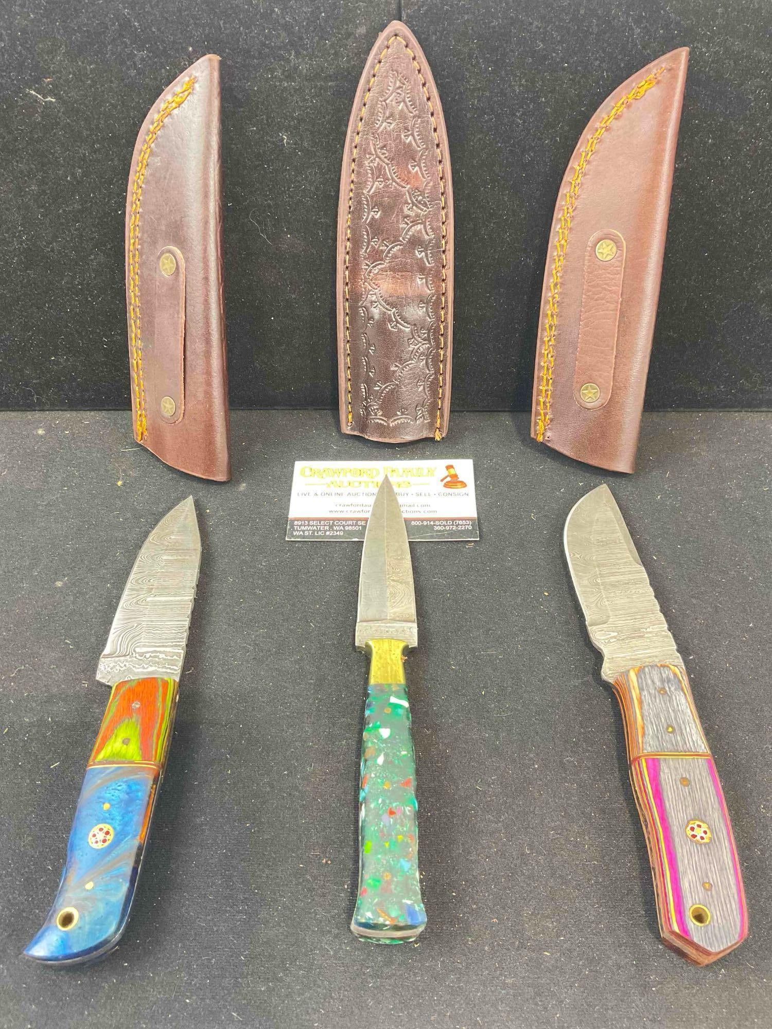 3 pcs Fixed Blade Knives w/ Damascus Steel Blades, Leather Sheathes & Wood/Resin Handles. (1 of 7)