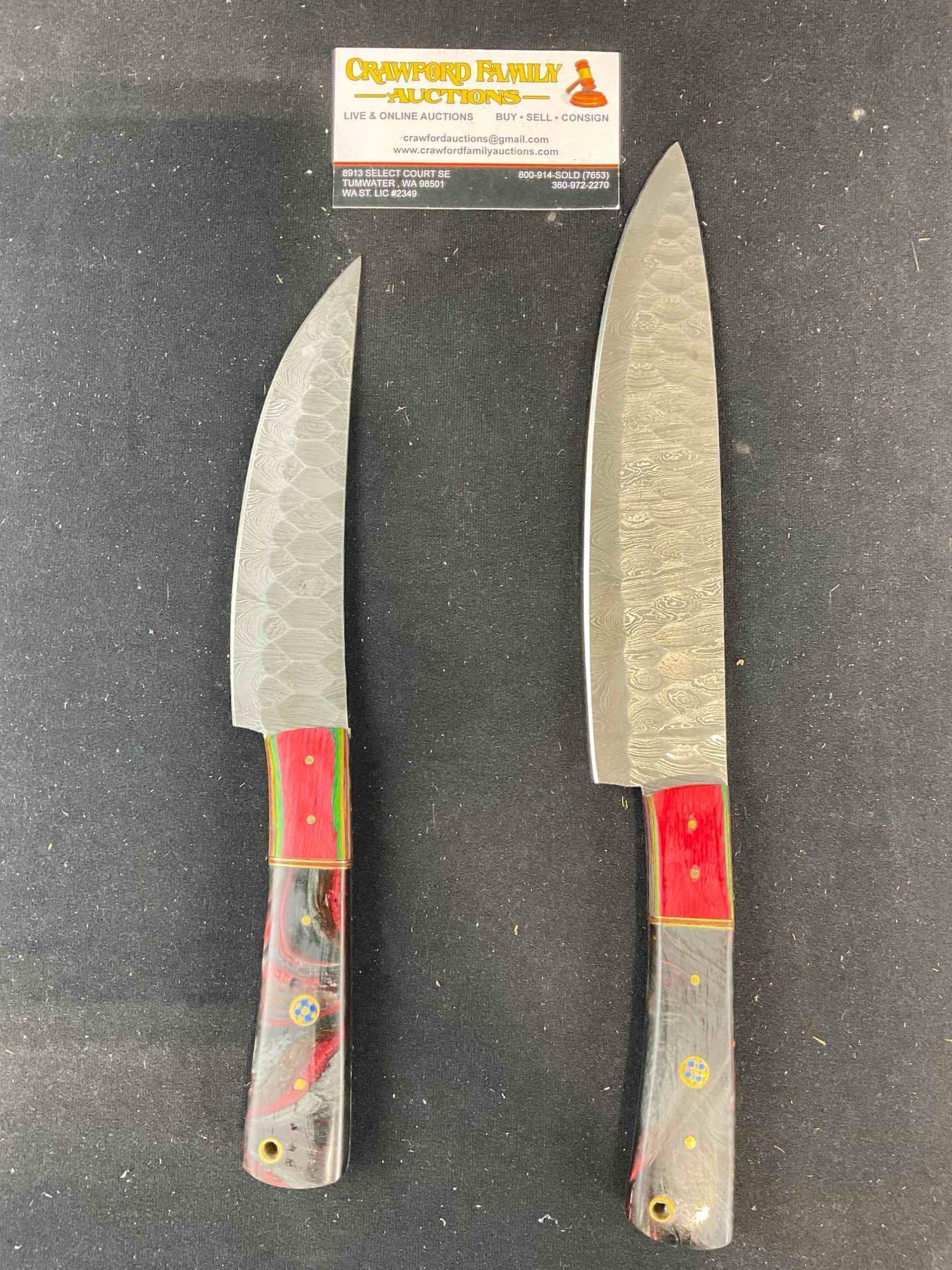 2 pcs Damascus Steel Chef's Knives w/ Resin/Wood Handles. Very Good Condition. See pics. (1 of 7)