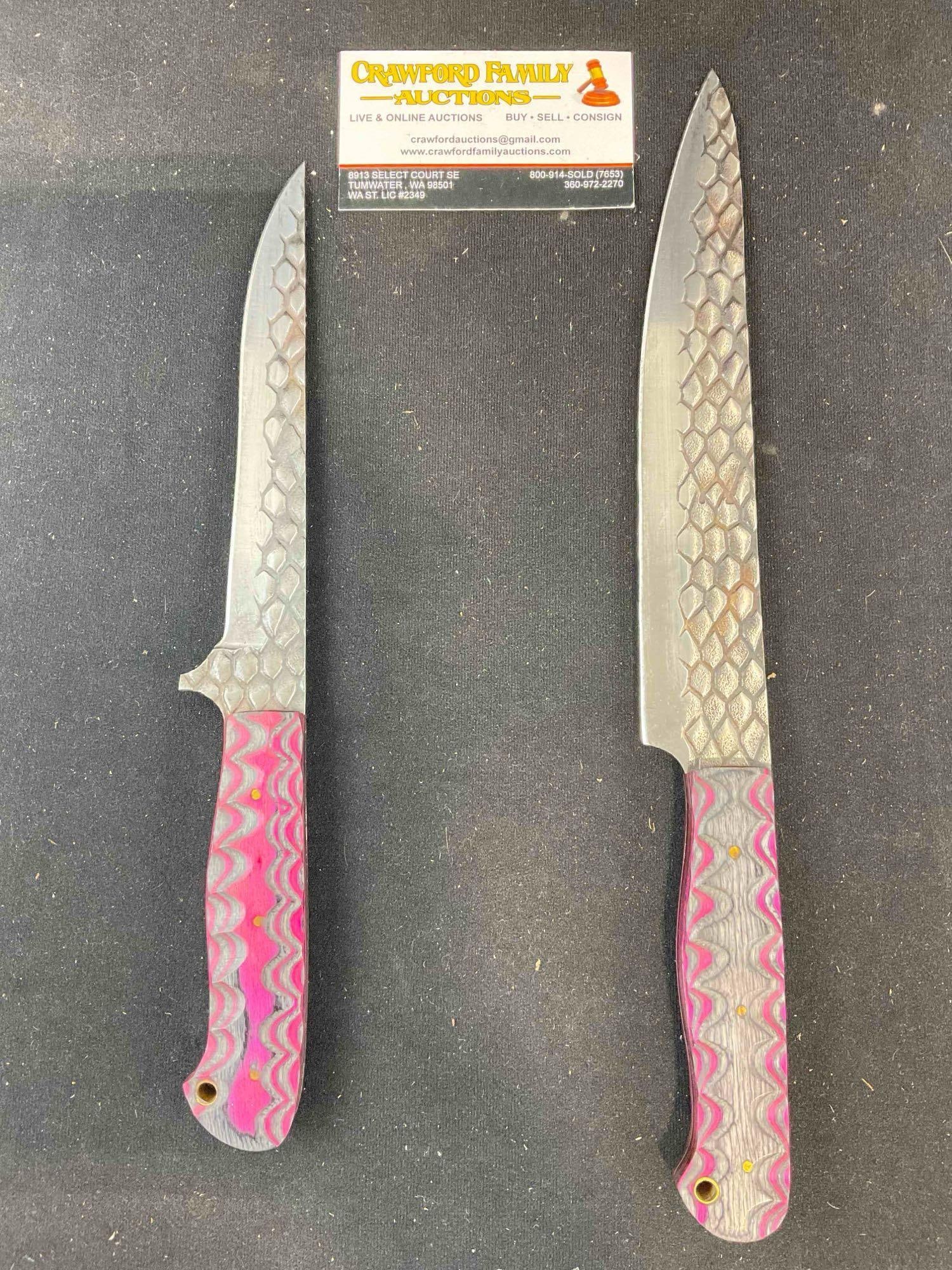2 pcs Hatched Steel Chef's Knives, 1x 6" Fish Knife & 1x 8" Filet Knife w/ Wood Handles. See pics.: 2 pcs Hatched Steel Chef's Knives, 1x 6" Fish Knife & 1x 8" Filet Knife w/ Wood Handles. minor discoloration, could be cleaned, condition is otherwise good. Total measurement is 13" x 2" x 2" Dm-3