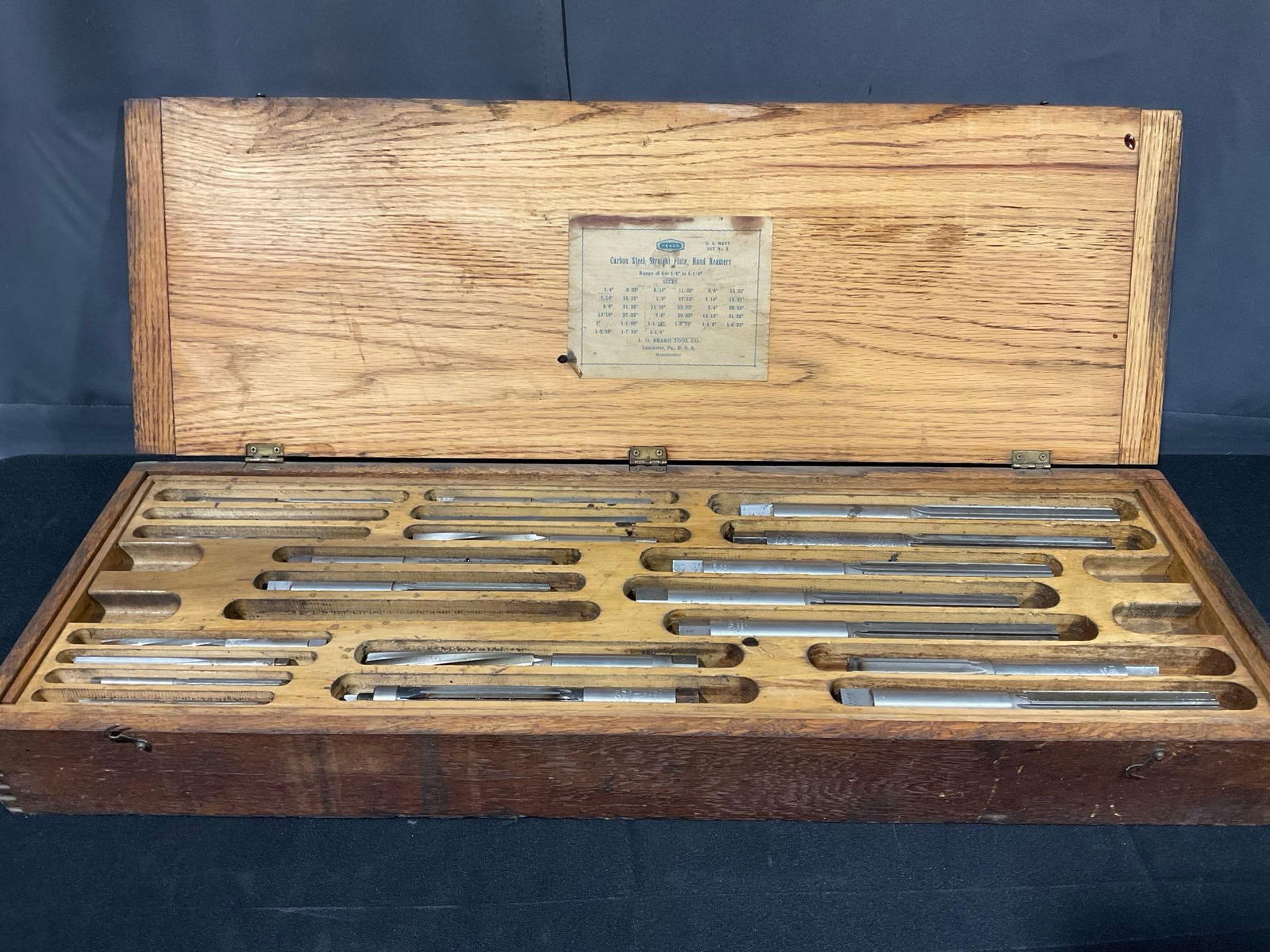 Beard Carbon Steel Straight Flute Hand Reamers, mostly full, original wooden case, 5h x 29w x 11d... (1 of 8)