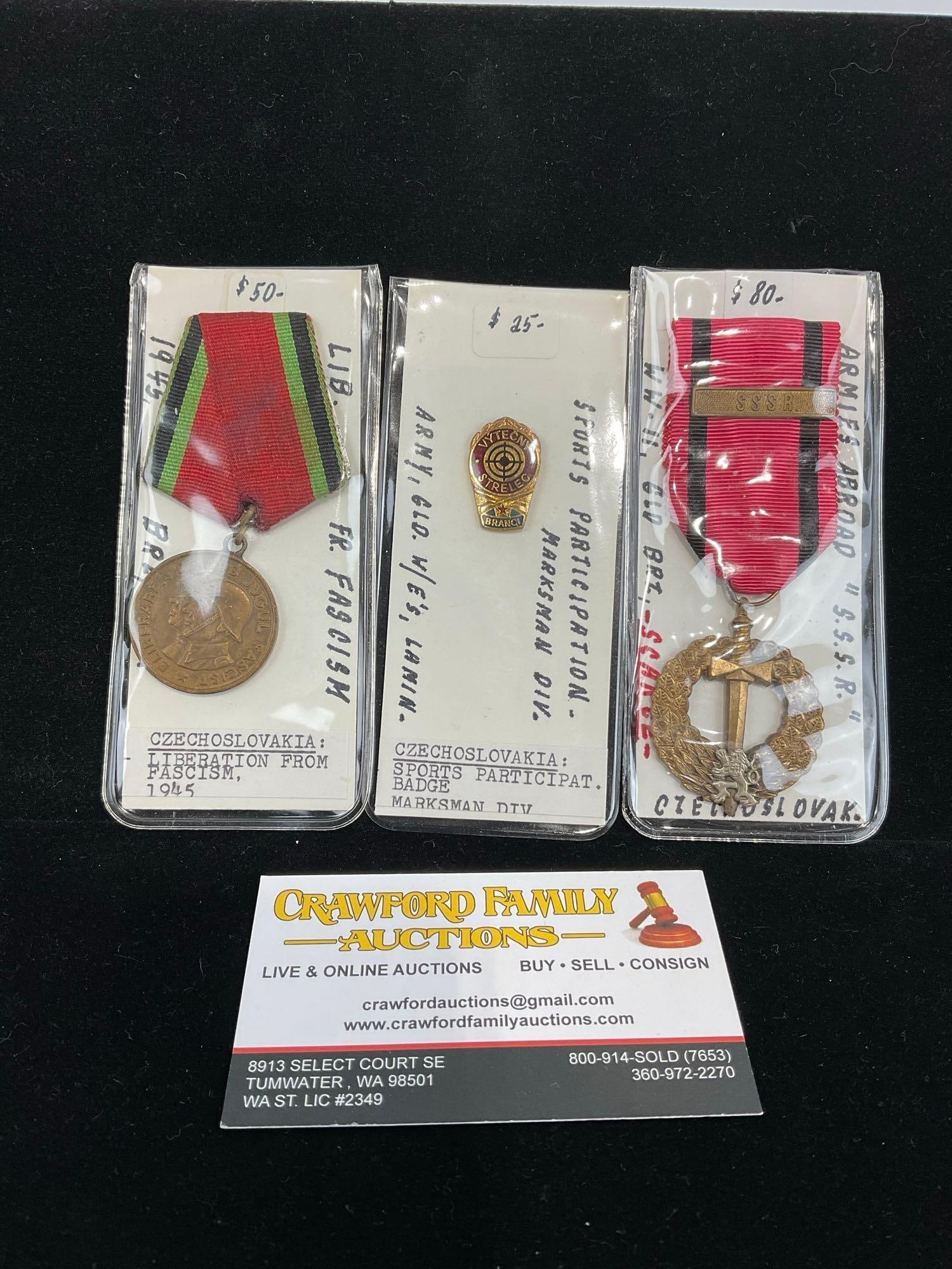 Czechoslovakian Badge & 2 Medals, Sports Parti. Badge, Liber. from Fascism 1945, Army Abroad Scarce (1 of 4)