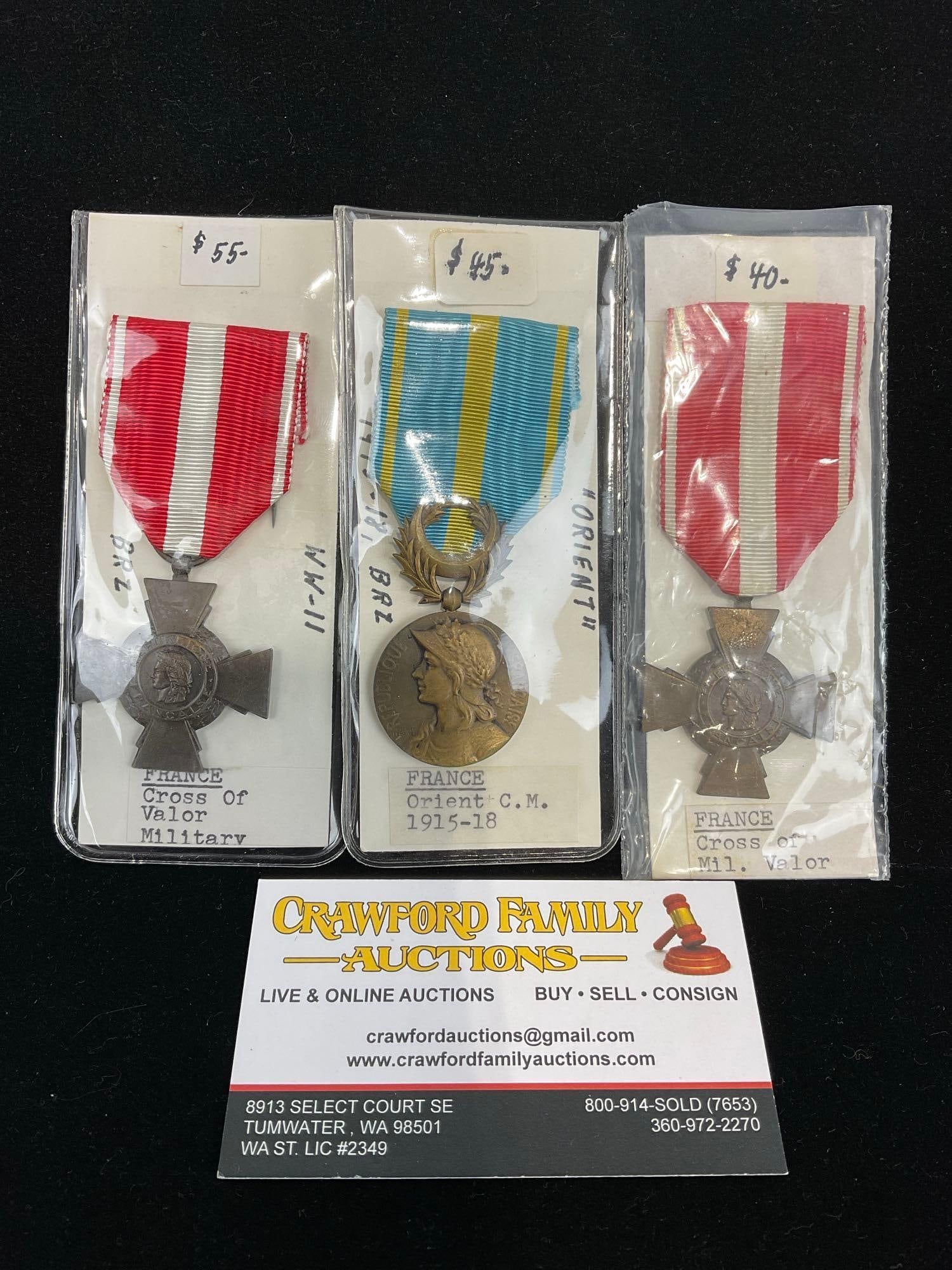3 French Medals, Orient Colonial Medal 1915-1918 & 2x Cross of Military Valor, WW2 (1 of 4)