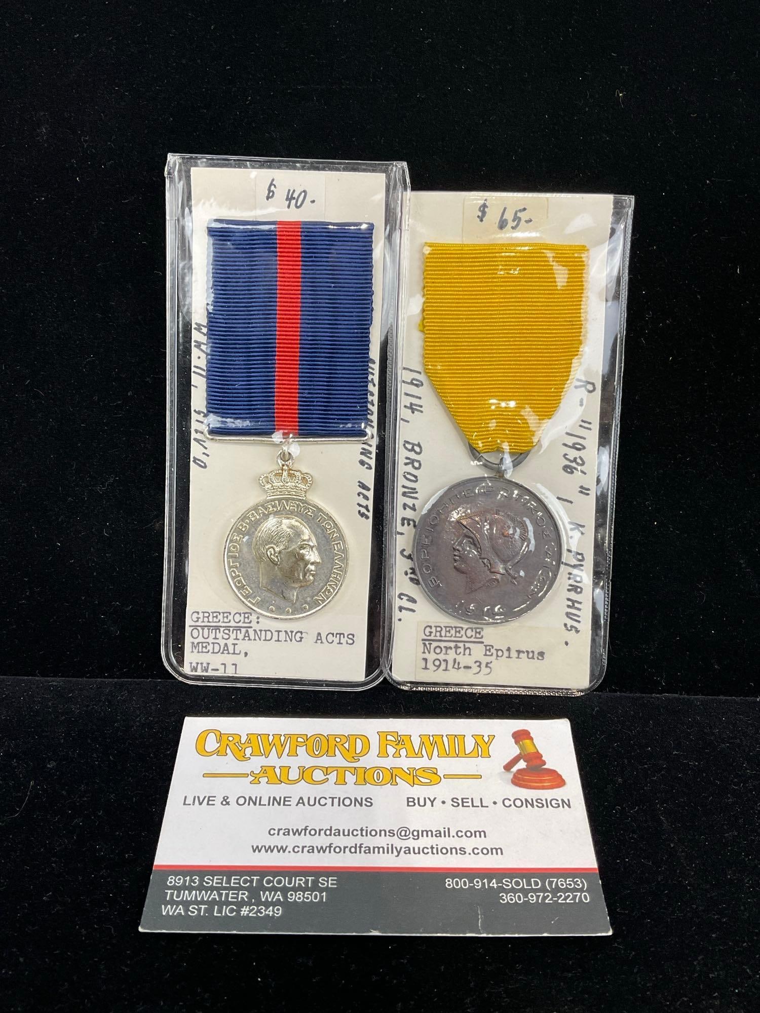 Pair of Greek Medals, Outstanding Acts Medal & North Epirus 1914-1935 Bronze 3rd class: All from a single collection, these are briefly described on the tag and were kept in a display. They measure approx 6h x 3w x 2d inches. See pics. E-5300
