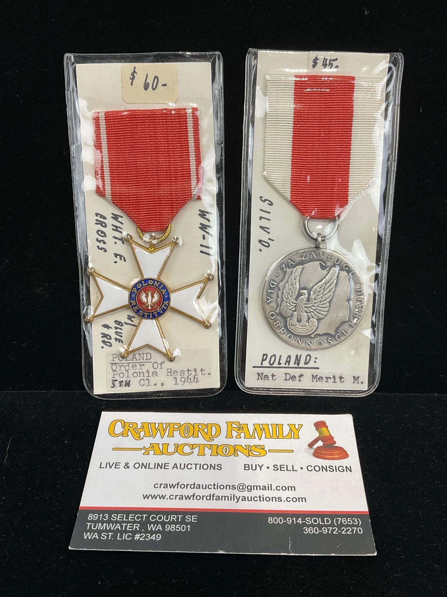Pair of Polish Medals, Order of Polonia Restitution 5th Class 1944 & National Defense Merit Medal: All from a single collection, these are briefly described on the tag and were kept in a display. They measure approx 6h x 3w x 2d inches. See pics. E-5300