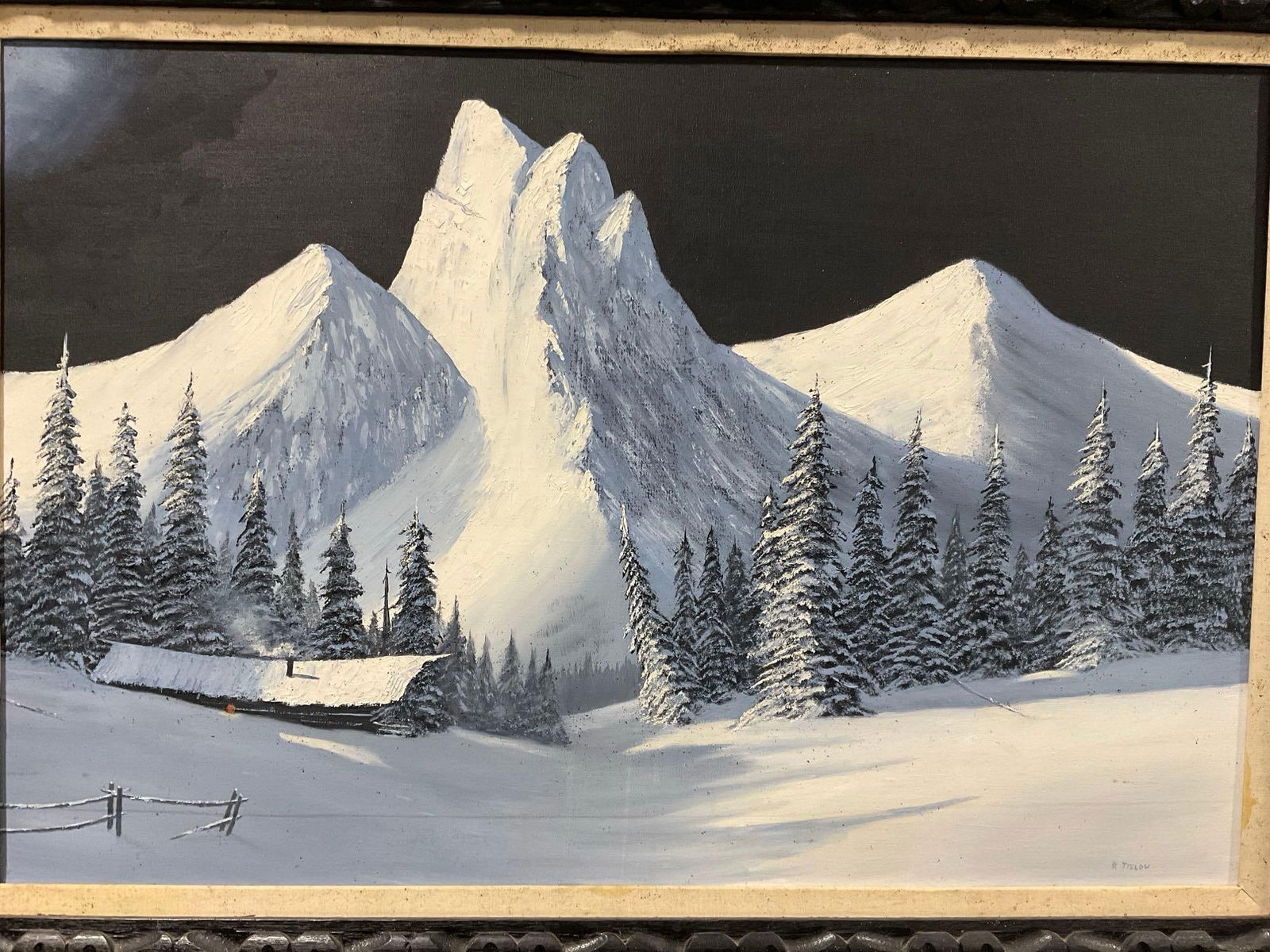Large Framed original oil on canvas, signed R Tislow 32 x 44 in, snowy mountain scene (1 of 7)