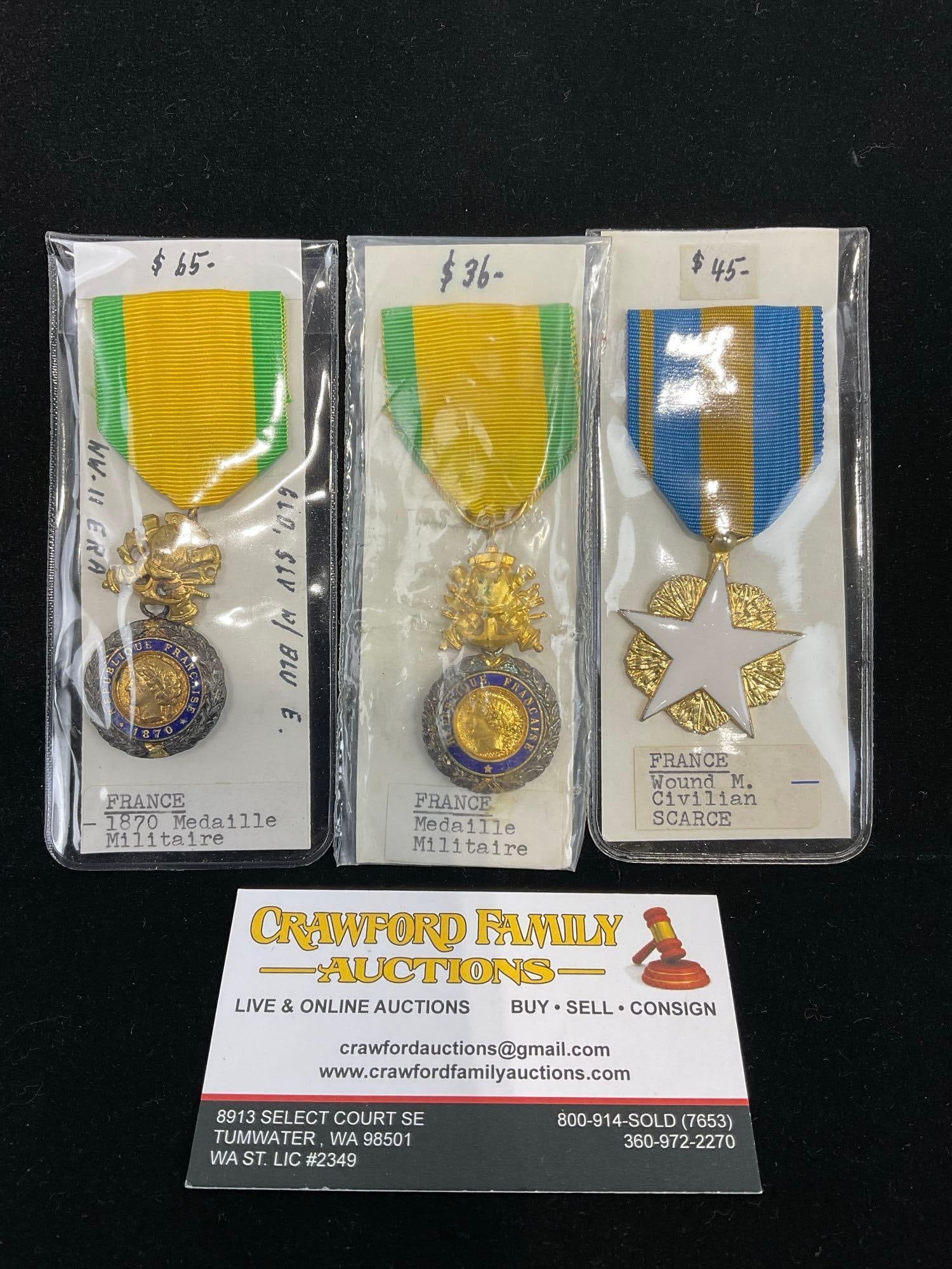 3 French Medals, 2x 1870 Medaille Militaire & Scarce Wound Medal Civilian (1 of 4)