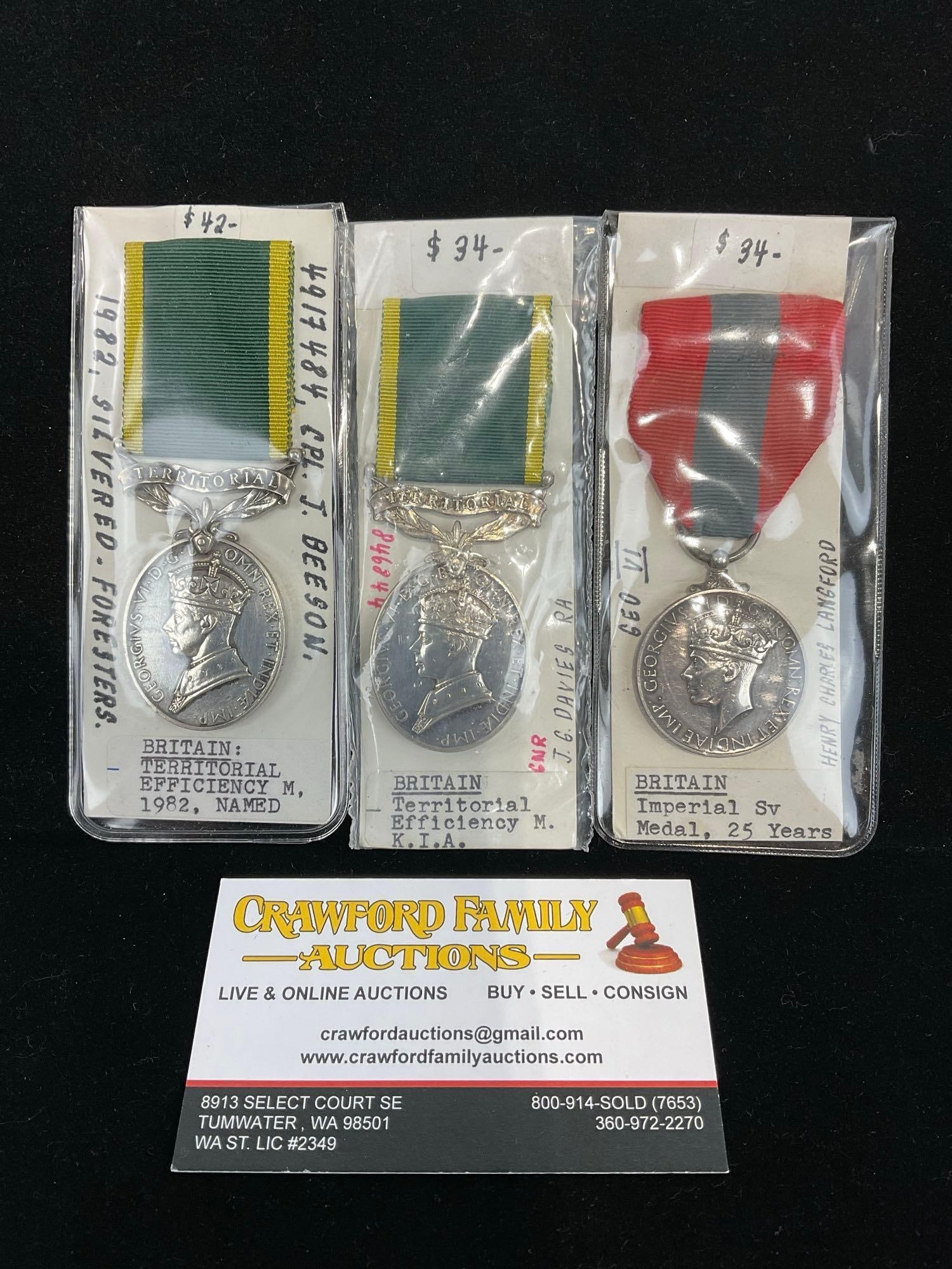 3 British Medals, 2x Territorial Efficiency Medal 1982 & K.I.A. & Imperial Service Medal 25 Years: All from a single collection, these are briefly described on the tag and were kept in a display. They measure approx 6h x 3w x 2d inches. See pics. E-5300