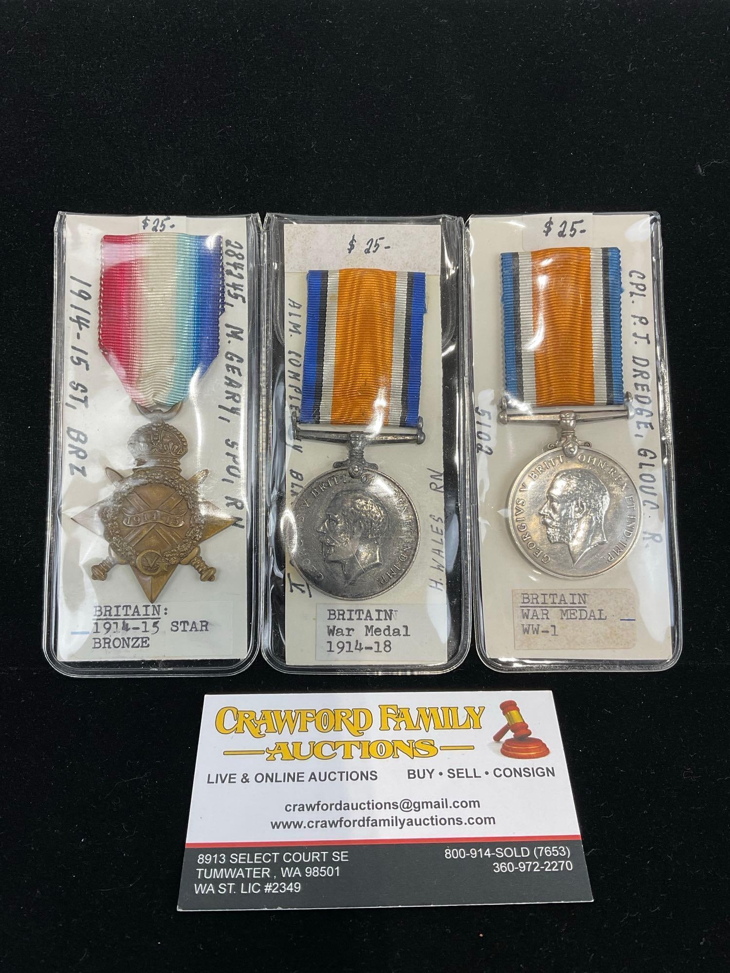 3 World War 1 British Medals, 1914-15 Star Bronze, War Medal 1914-1918 & War Medal WW1 (1 of 4)