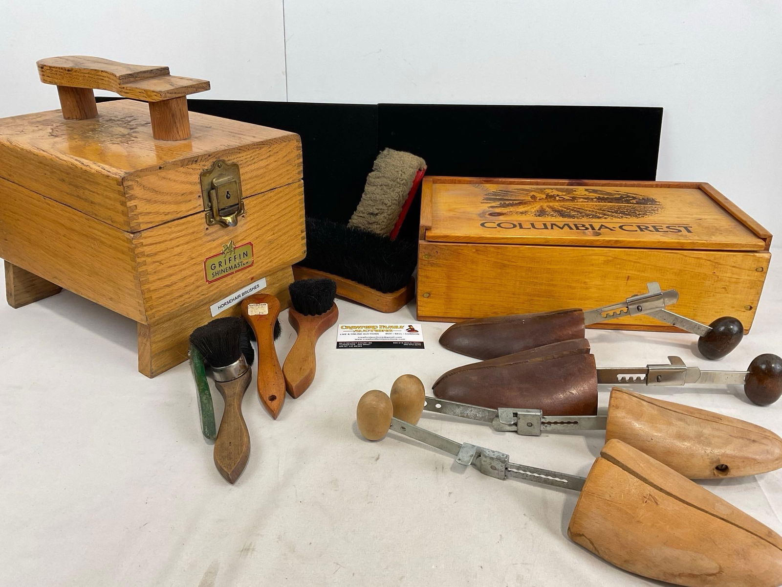 Vintage Griffin Shinemaster Shoe Shine Box, 2 Sets of Shoe Stretchers, Several Horsehair Brushes (1 of 6)