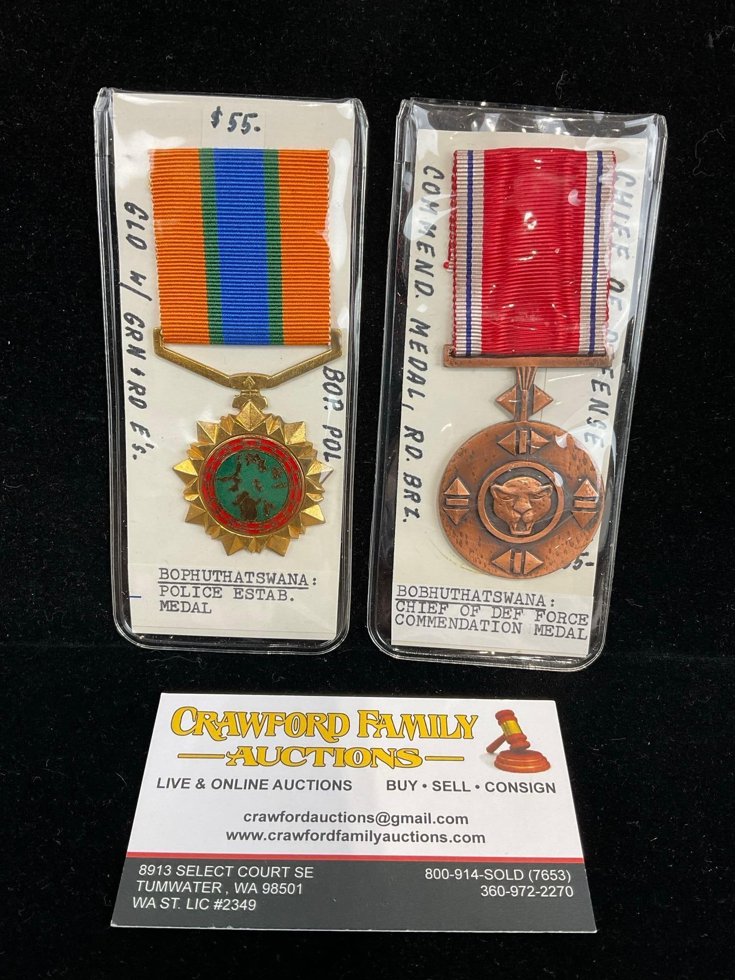 2 Bophuthatswana (in modern South Africa) Medals, Police Established Medal & Chief of Def Force C...: All from a single collection, these are briefly described on the tag and were kept in a display. They measure approx 6h x 3w x 2d inches. See pics. E-5300
