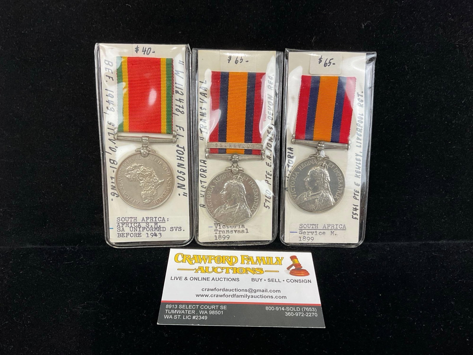 3 South African Medals, Victoria Transvaal 1899, Service Medal 1899 & Africa S.M. Uniformed pre-1...: All from a single collection, these are briefly described on the tag and were kept in a display. They measure approx 6h x 3w x 2d inches. See pics. E-5300
