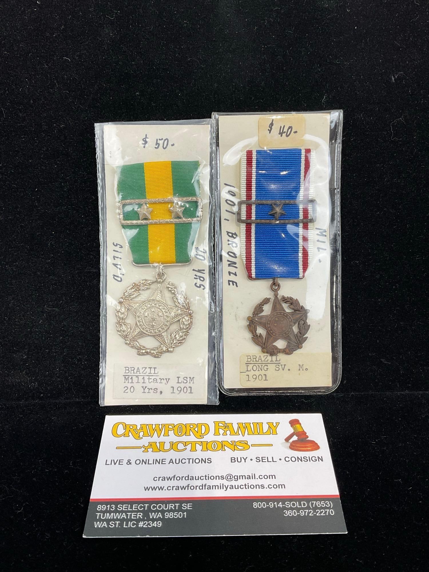 Pair of Brazil Medals, Military Long Service Medals, unmarked & 20 yrs, both from 1901 (1 of 3)