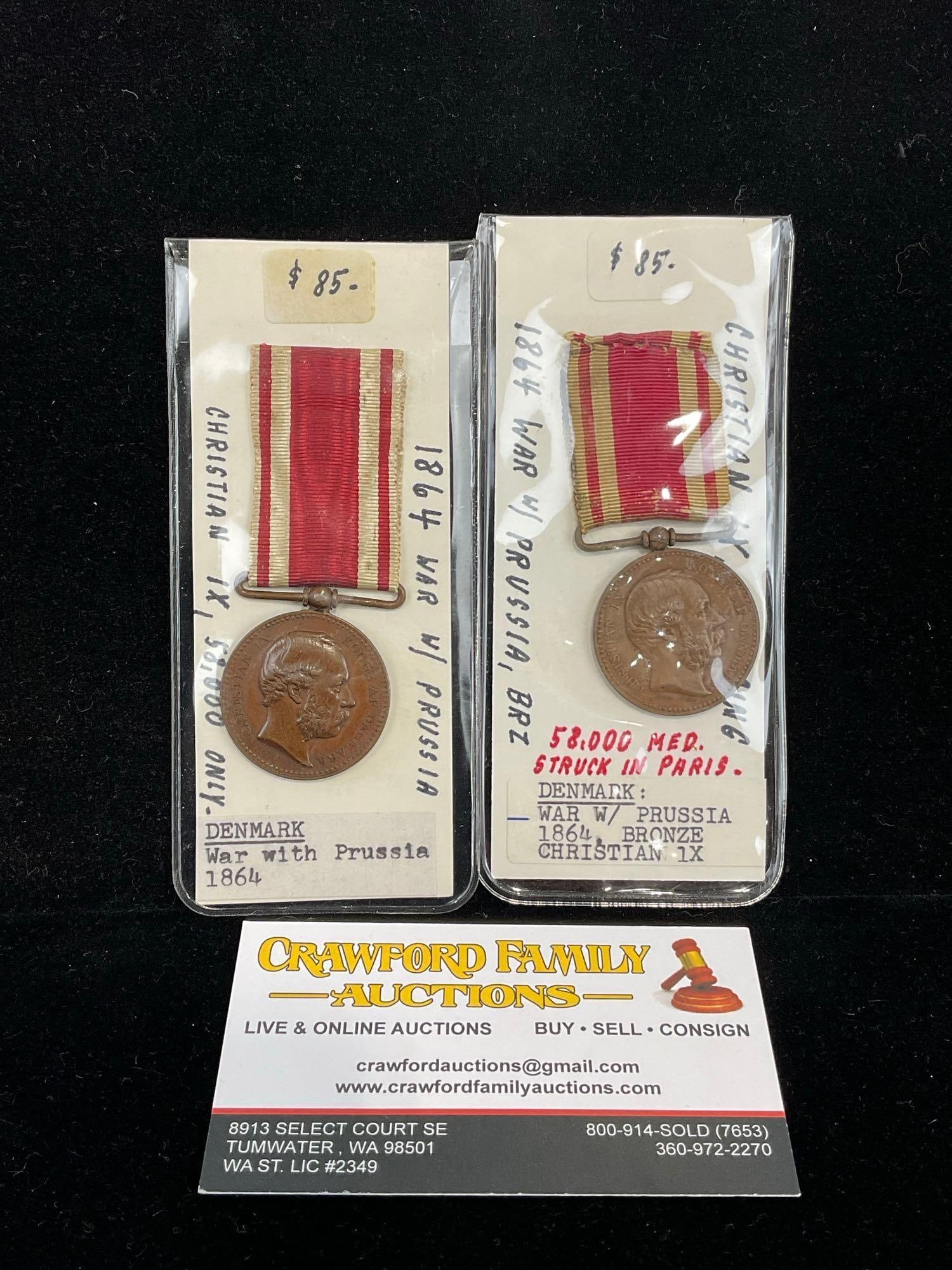 Pair of Danish Medals, War w/ Prussia 1864, Bronze Christian IX, 58k total were struck in Paris: All from a single collection, these are briefly described on the tag and were kept in a display. They measure approx 6h x 3w x 2d inches. See pics. E-5300