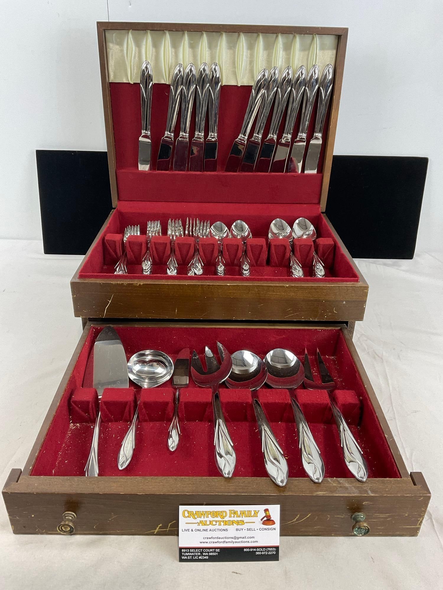 Yamazaki 18/8 Stainless Steel Flatware Set, approx 50 pcs w/ Case, 6h x 16w x 12d inches: Appears to be in fair shape, the cases have some wear. The case measures approx 6h x 16w x 12d inches. See pics. E-5300