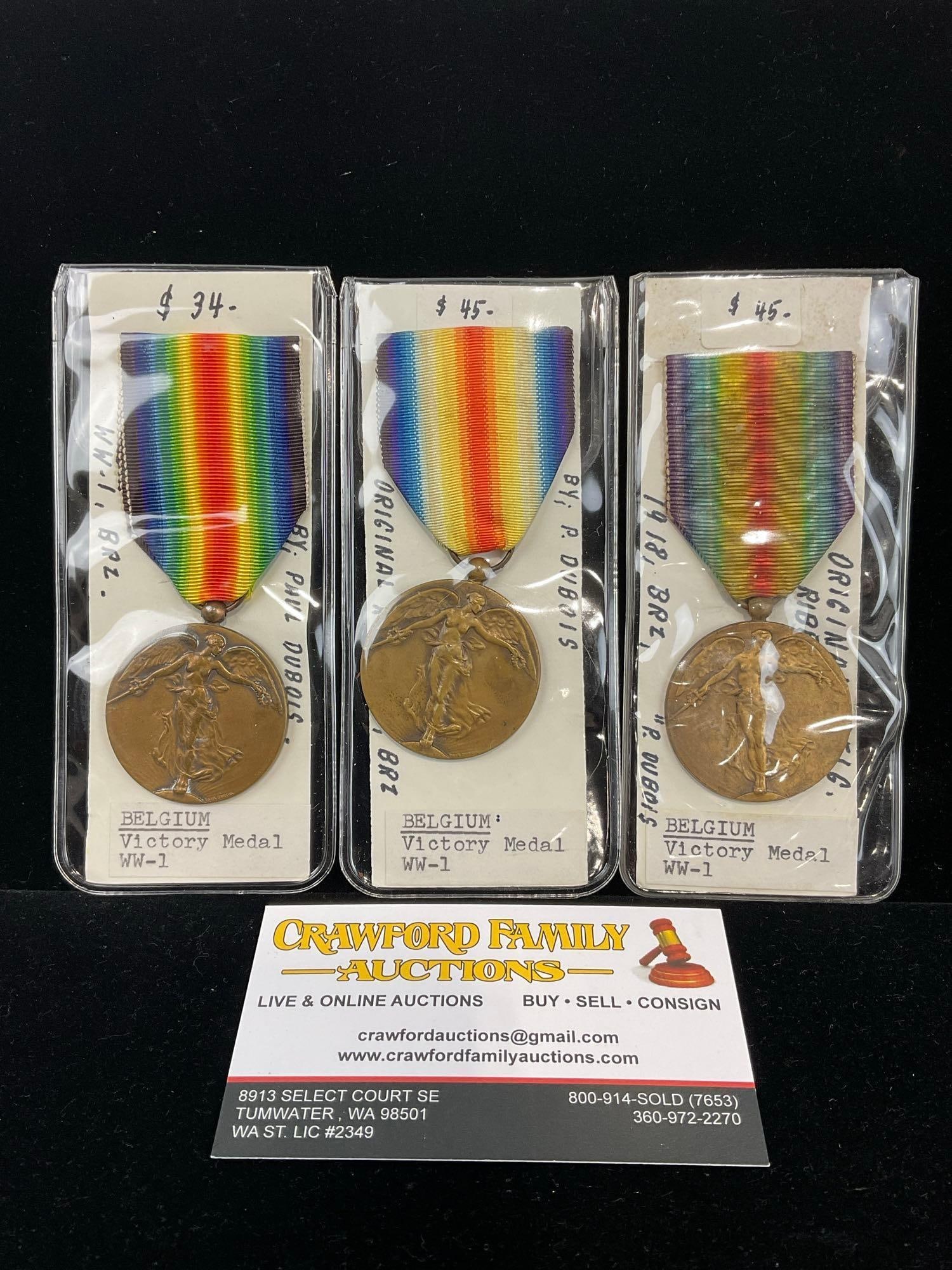 Set of Belgian WW1 Medals, Victory Medal WW1, w/Rainbow Ribbons: All from a single collection, these are briefly described on the tag and were kept in a display. They measure approx 6h x 3w x 2d inches. See pics. E-5300