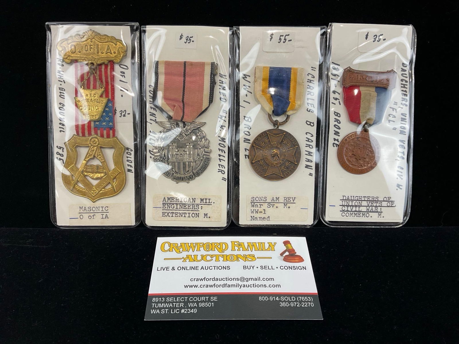 Set of 4 Medals, Masonic Order, Am. Mil. Engineers, Sons American Revolution War Sr. WW1 & Daught... (1 of 5)