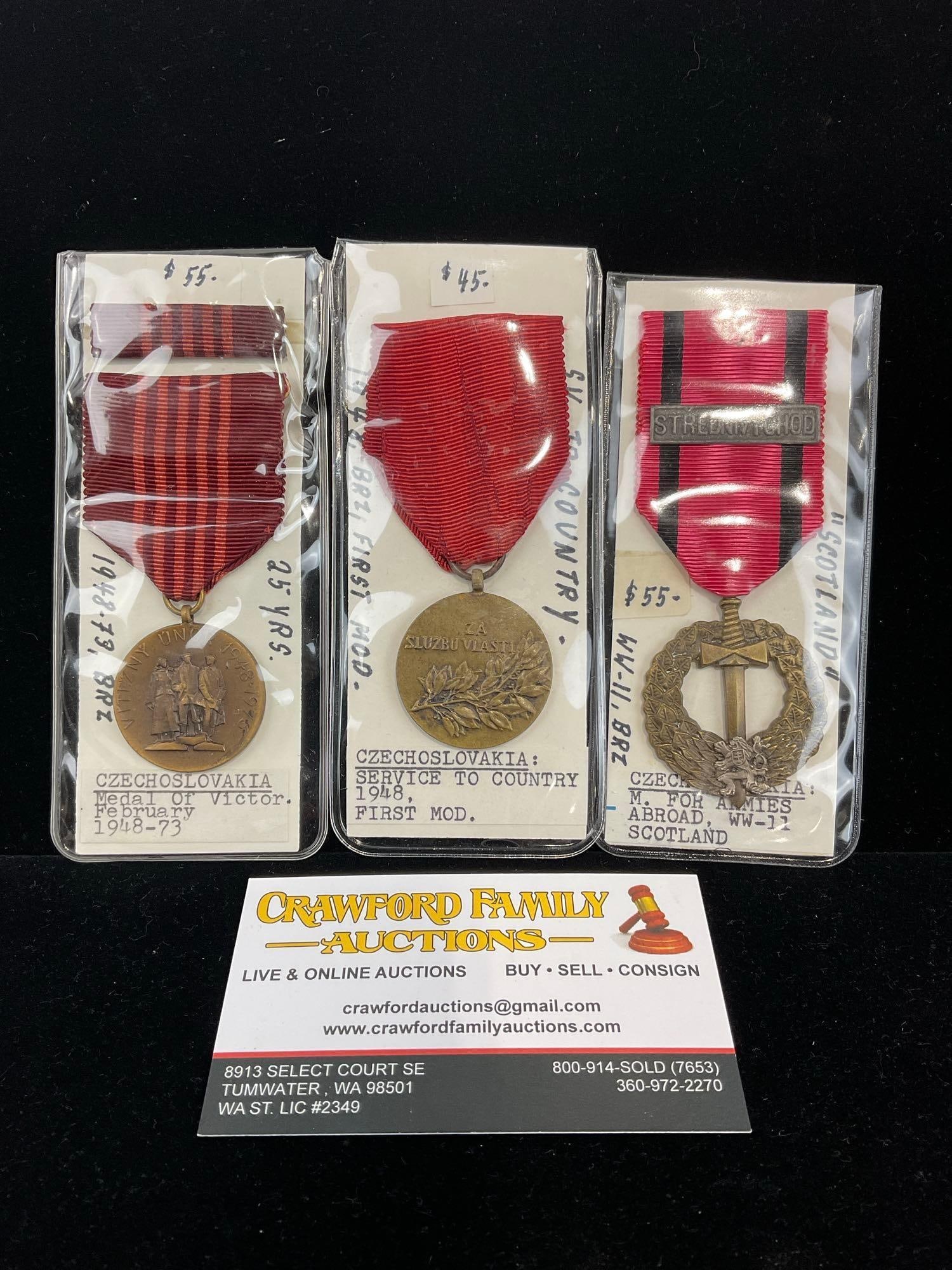 3 Czechoslovakian Medals, Medal of Victory, Feb 1948-73, Service 1948 & Armies Abroad WW2 Scotland (1 of 4)