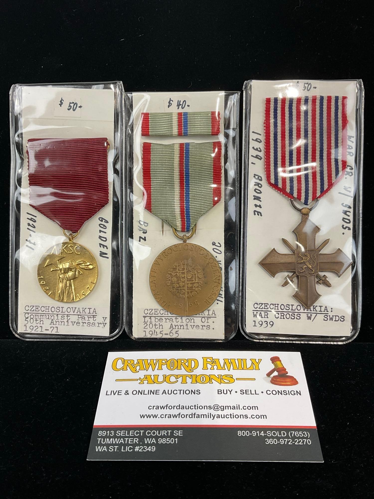 3 Czechoslovakian Medals, Communist Party 50 Anni, Liberation 20 Anni, War Cross w/Swords 1939 (1 of 4)
