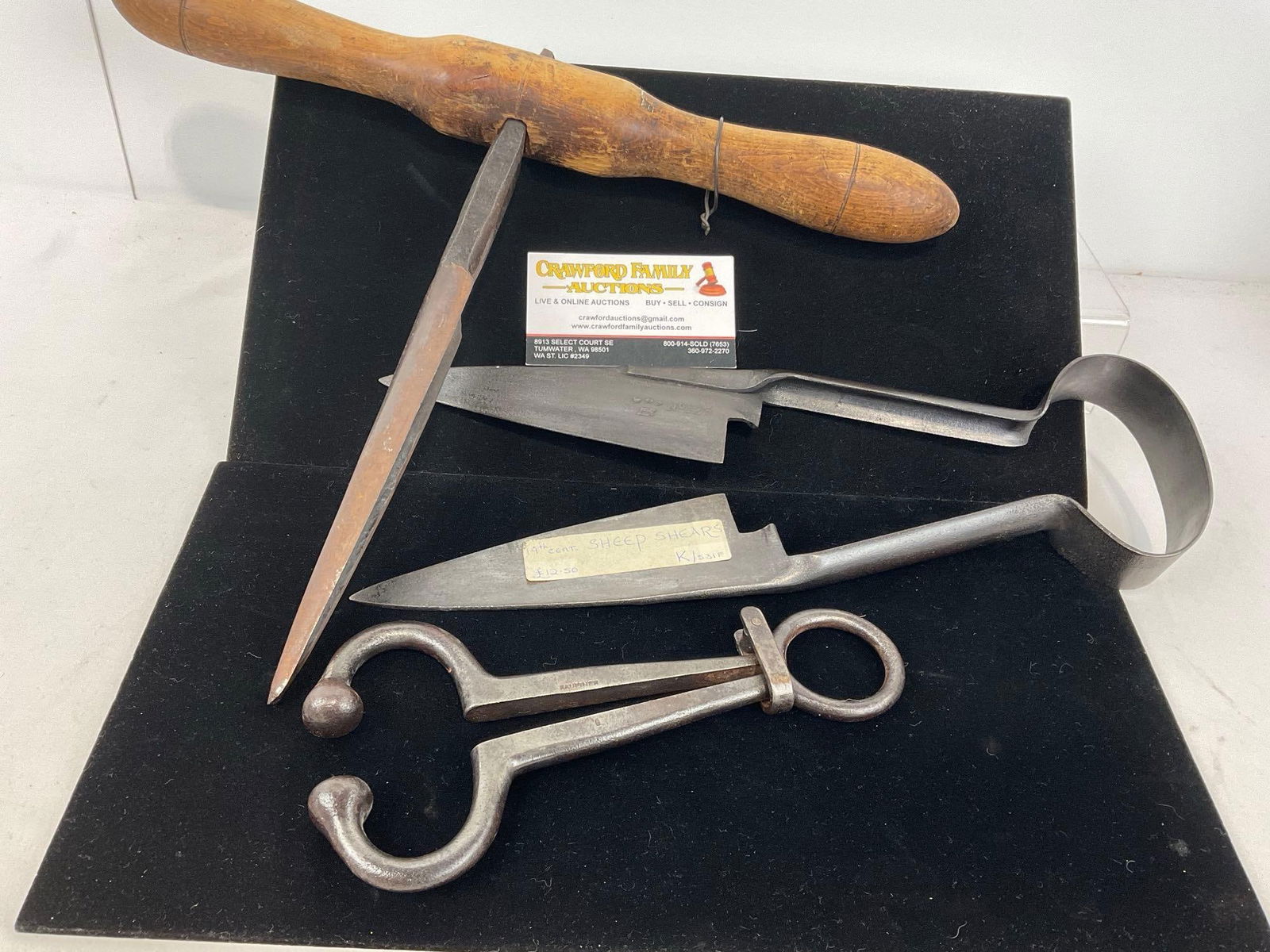 Antique 19th Century Sheep Shears, Antique Hand Auger & Hauptner Nose Forceps for Cattle: Collection from a single consignor, who gathered these while living in Europe for many years. Most pieces are from are of Turkish/Greek origin, or otherwise European. Appears to be in good shape. The