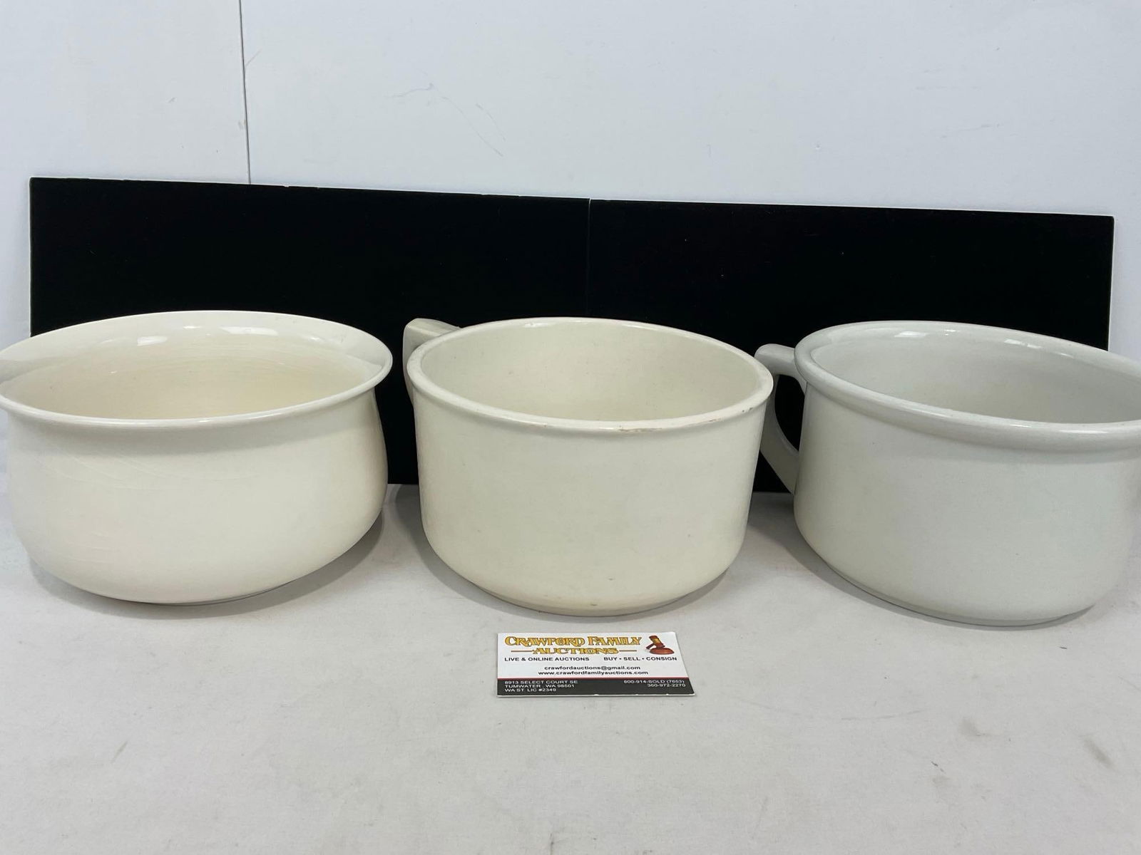 Set of 3 Glazed Ironstone Chamberpots w/ handles, Villeroy & Boch, Boch La Louviere & Torgau(?): Appears to be in good shape. The piece measures approx 13h x 10w x 8d inches. See pics. E-5170
