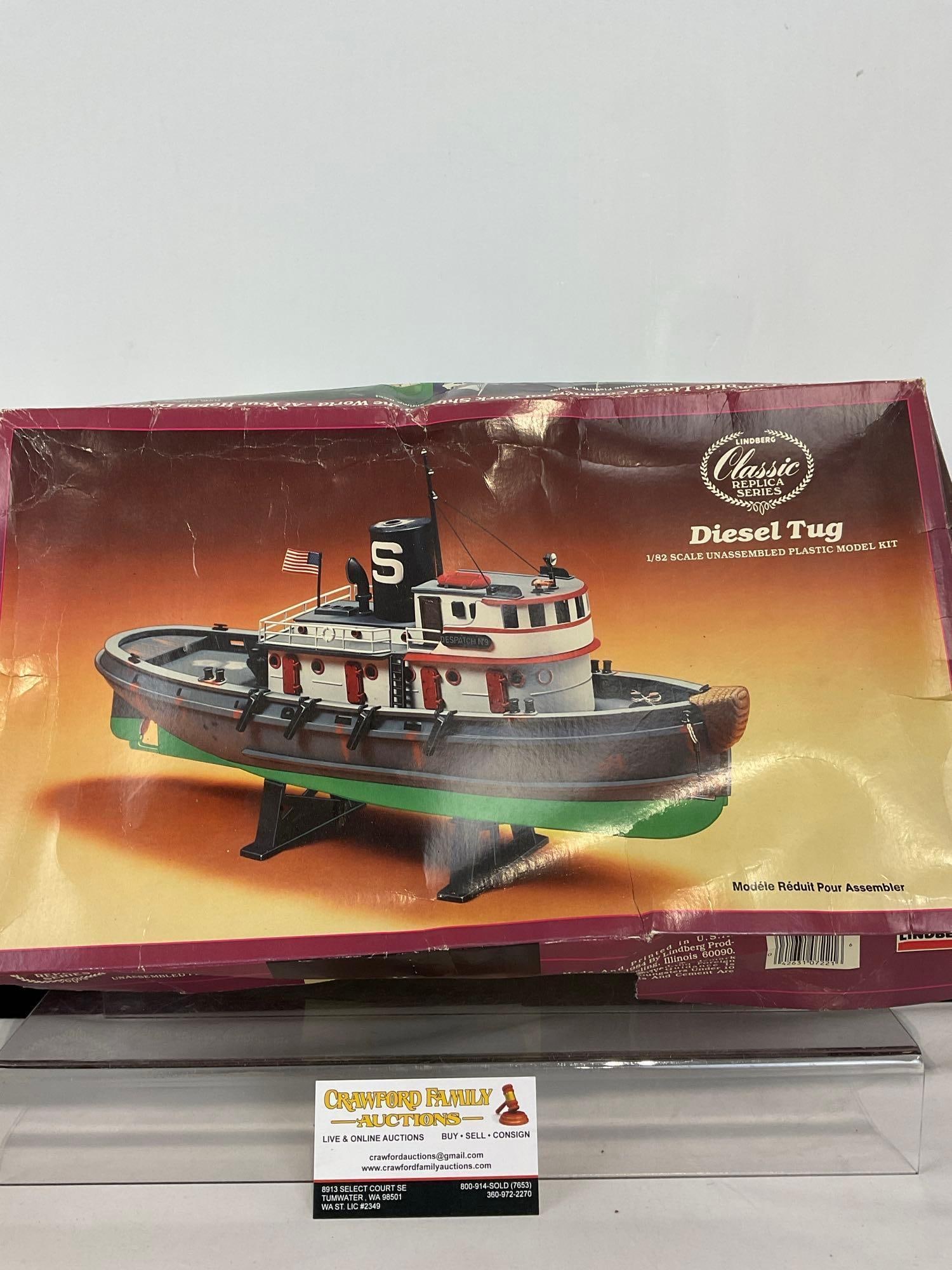 Lindberg Classic Replica Series, Diesel Tug Unassembled Plastic Model Kit in original box: Appears to be in fair to good shape, the box has some shelf wear. The pieces fit in a box that measures approx 5h x 18w x 11d inches. See pics. E-4660