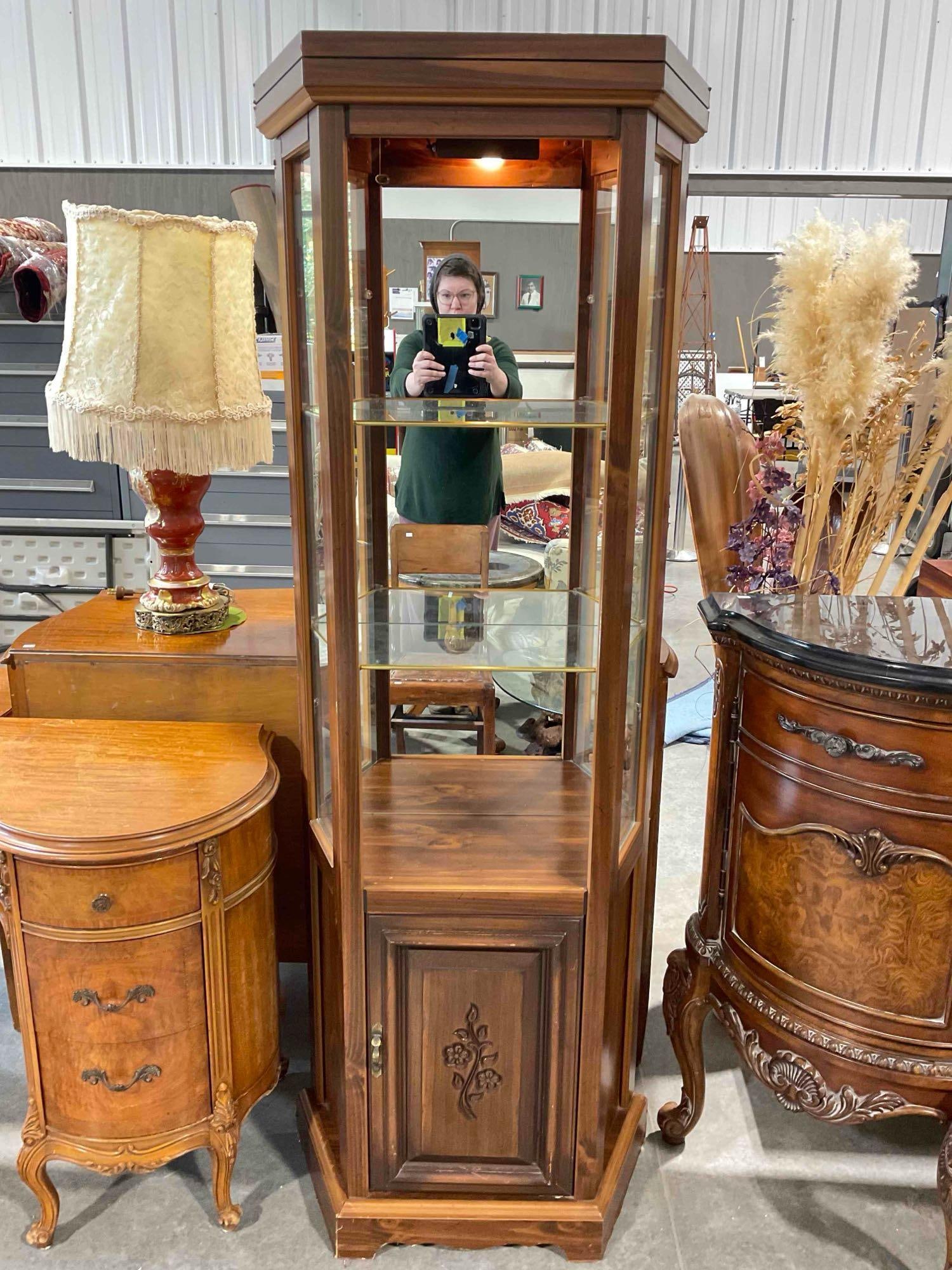 Vintage Lighted Wood Finish Corner Curio Cabinet w/ Glass Shelves. Tested, Working. See pics. (1 of 6)