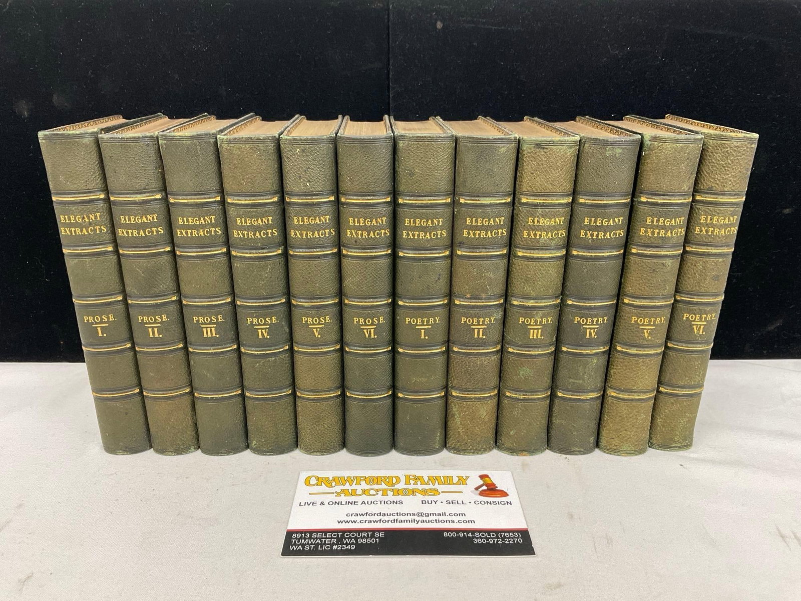 12 Antique Books, 1827, Elegant Extracts 6 Volumes each for Prose & Poetry, largely British Authors: Appears to be in pretty good shape for the age of the books, there is an odor to the books, could use some cleaning. The piece measures approx 6h x 7w x 8d inches. See pics. E-5300 *Oversized shi