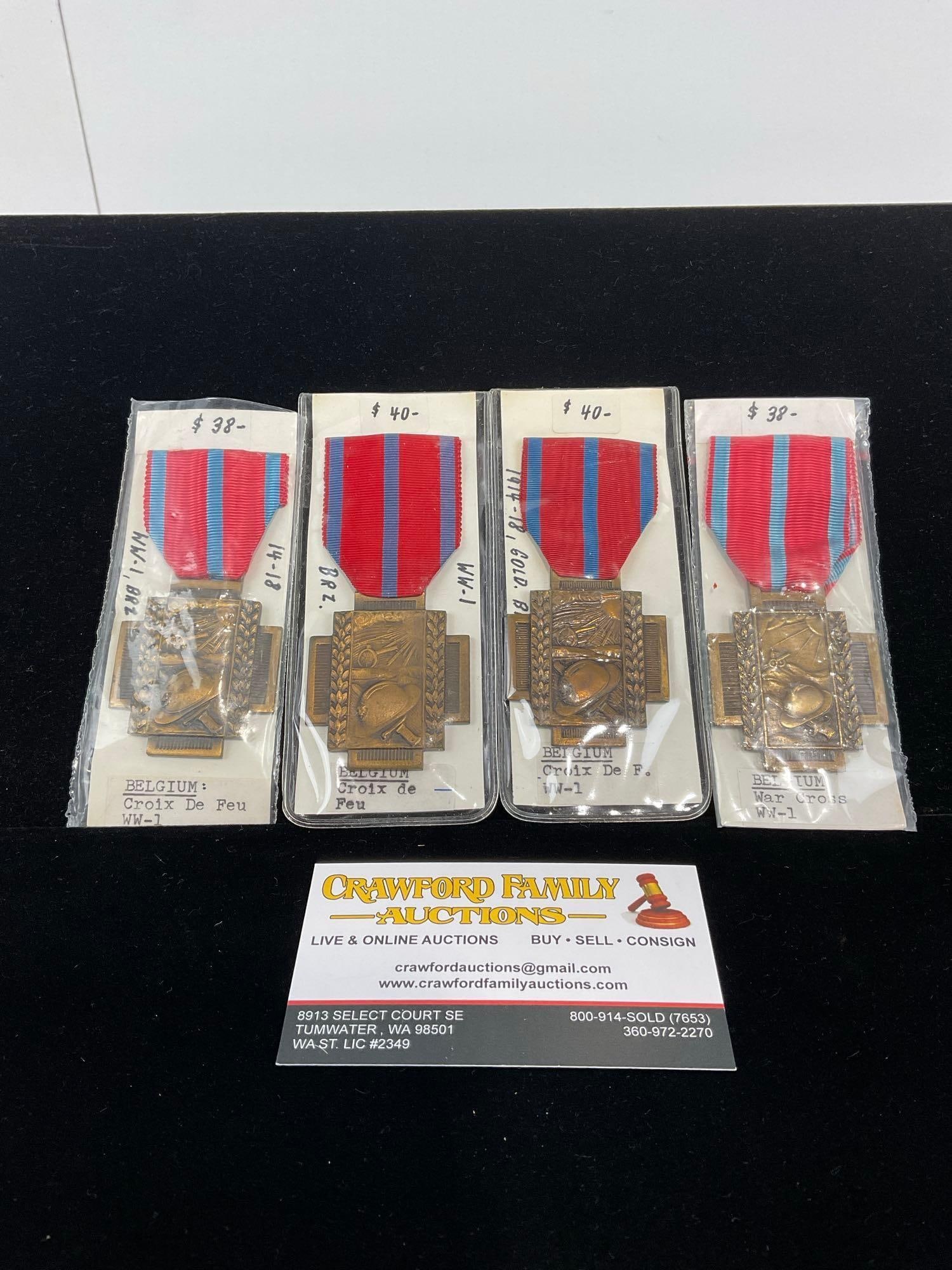 Set of 4x Belgian Croix de Feu WW1 Medals, Blue & Red Ribbons, 1914-1918 (1 of 3)