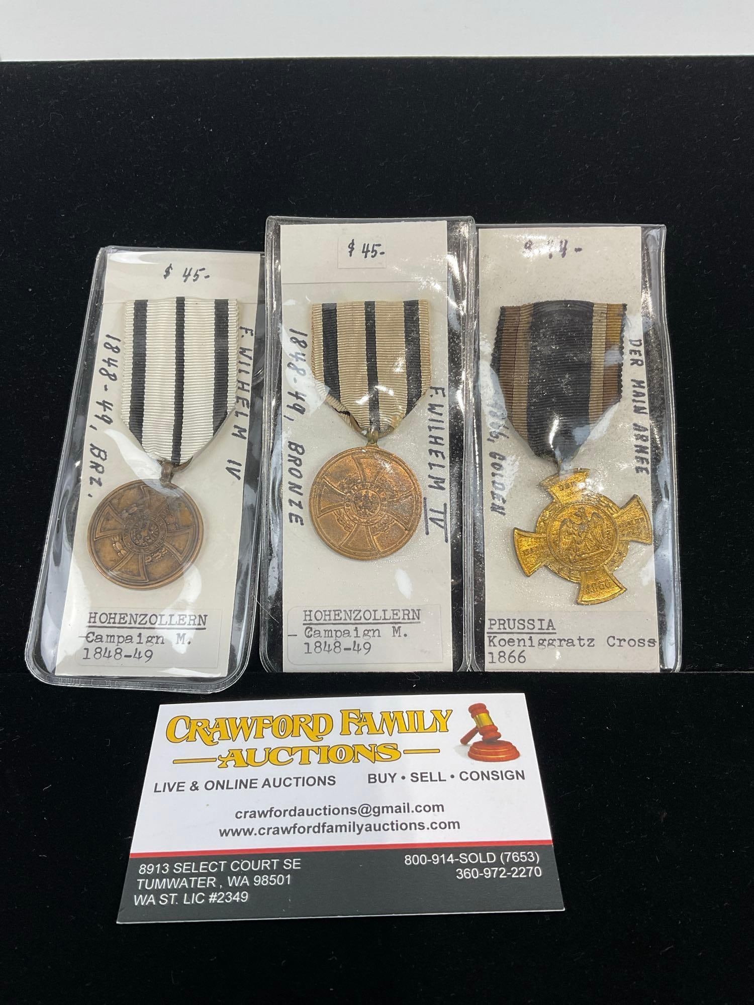 Set of 3 Antique German Medals, 2x Hohenzollern Campaign 1848-49 & Koenig Gratz Cross 1866 (1 of 4)