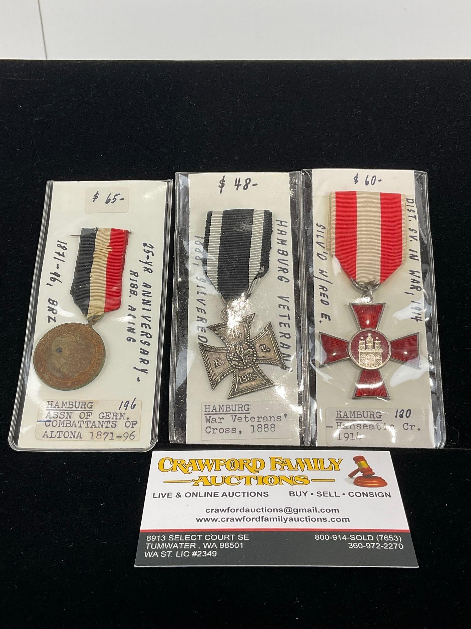 3 German-Hamburg Medals, Assn of Combat. Altona 1871-96, War Vets Cross 1888 & Hanseatic Cross 1914 (1 of 4)