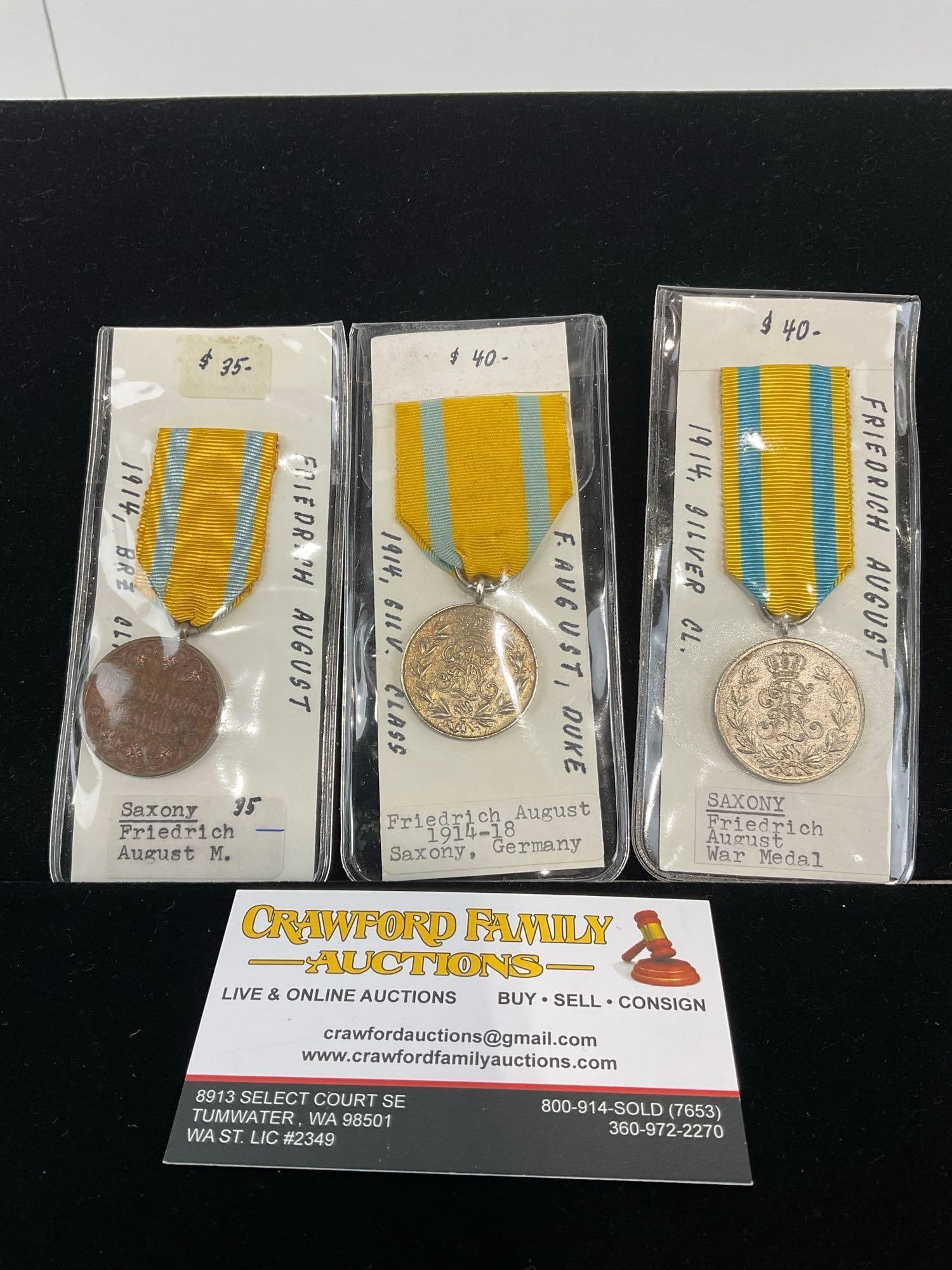 Set of 3 German Saxony Duke Friedrich August Medals, 1914-1918, Silver & Gold Ribbon (1 of 4)