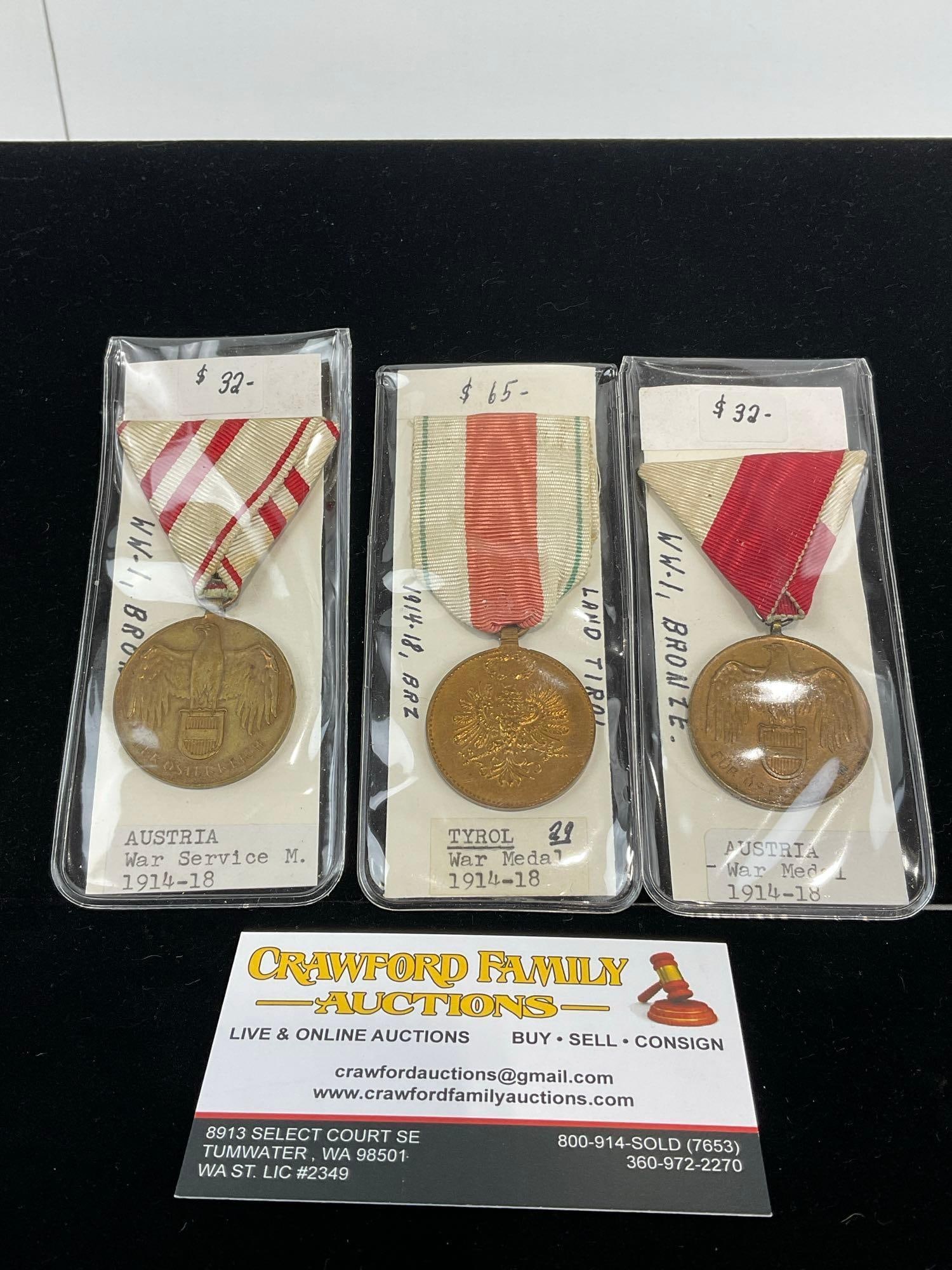 Set of 3 Austrian WW1 Medals, War Service 1914-18, 1x marked Tyrol, Bronze w/ Red & White Ribbon (1 of 4)