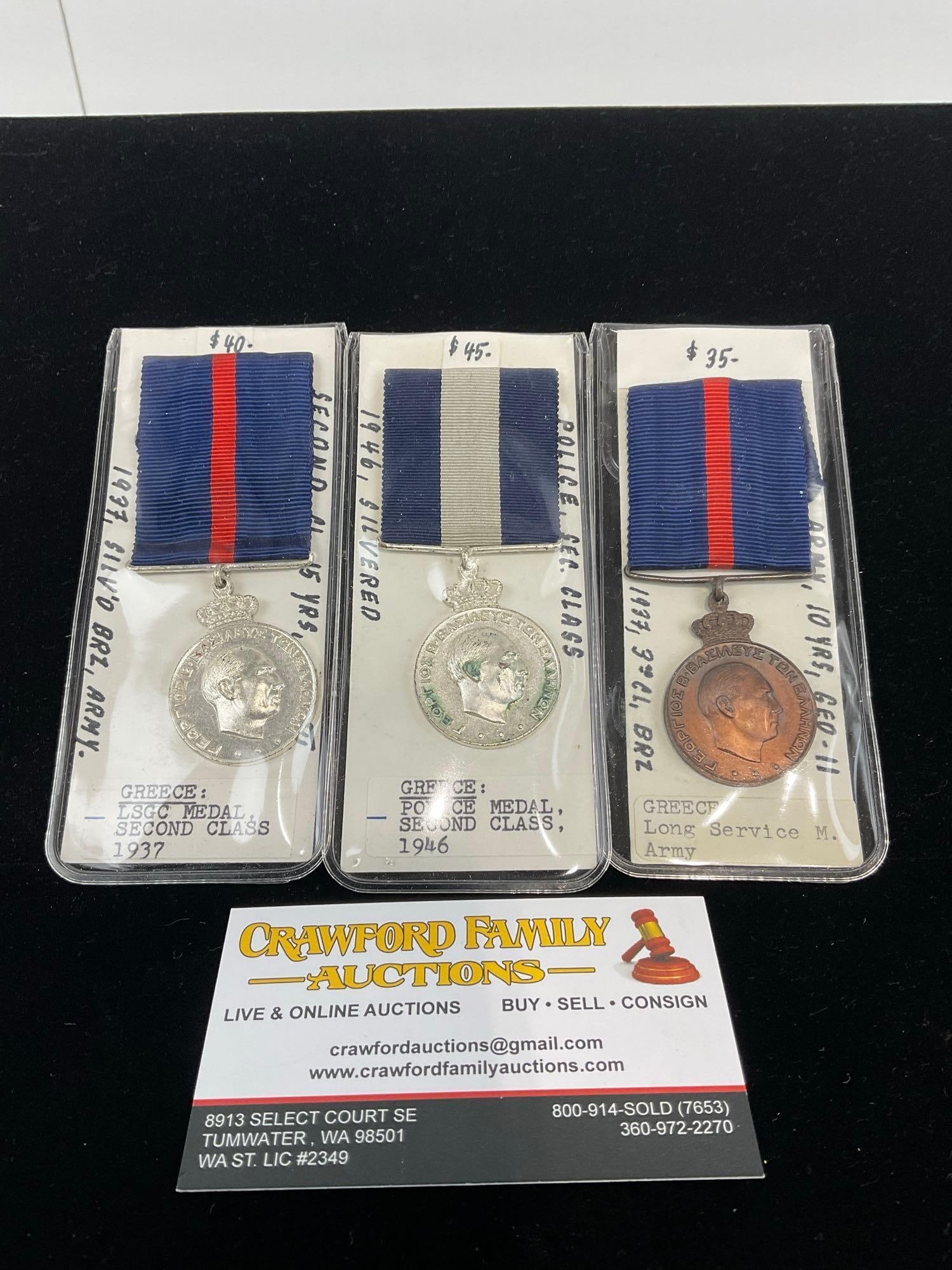 Set of 3x Greek Long Service Medals, Second Class 1937 & 1946, Long Service Army 1937 3rd Class B... (1 of 4)