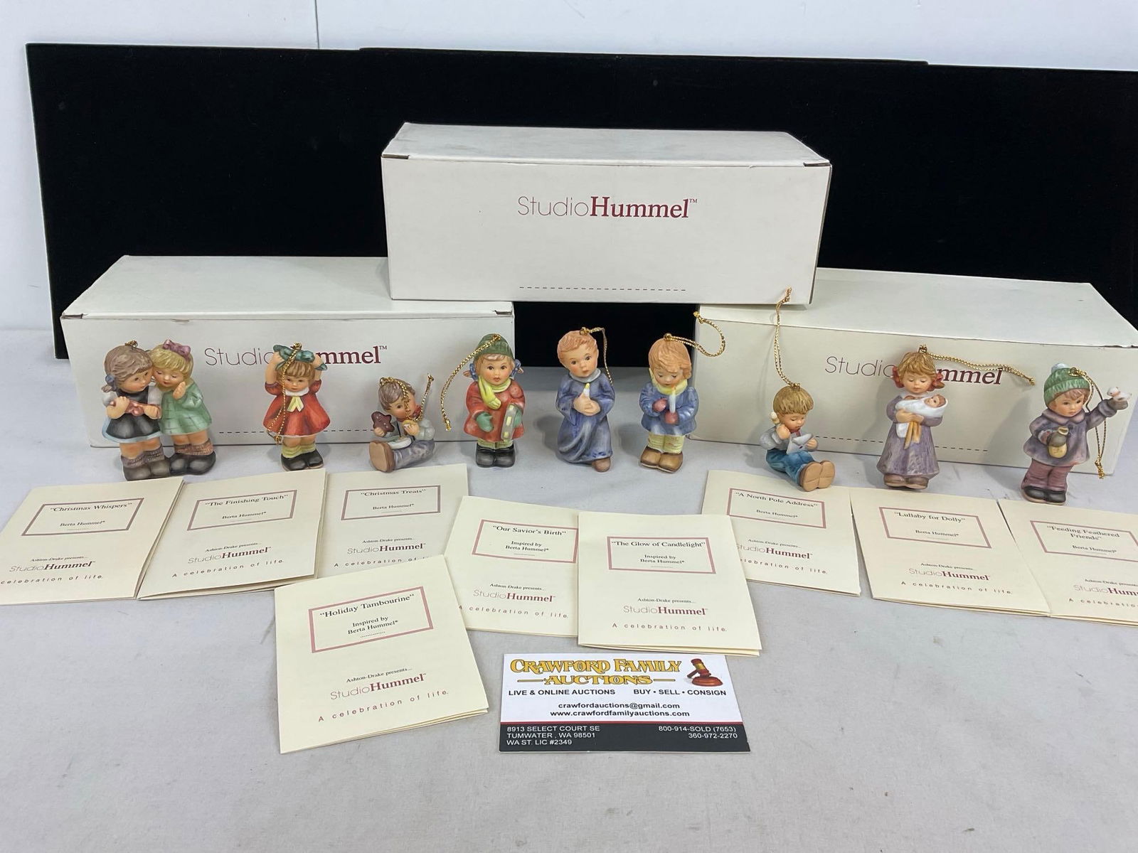 9 Studio Hummel Christmas Ornaments, Small Porcelain Figures, in three boxes (1 of 4)