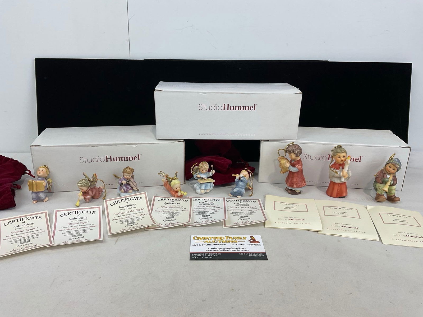 9 Studio Hummel Christmas Ornaments, Small Porcelain Figures, in three boxes (1 of 3)