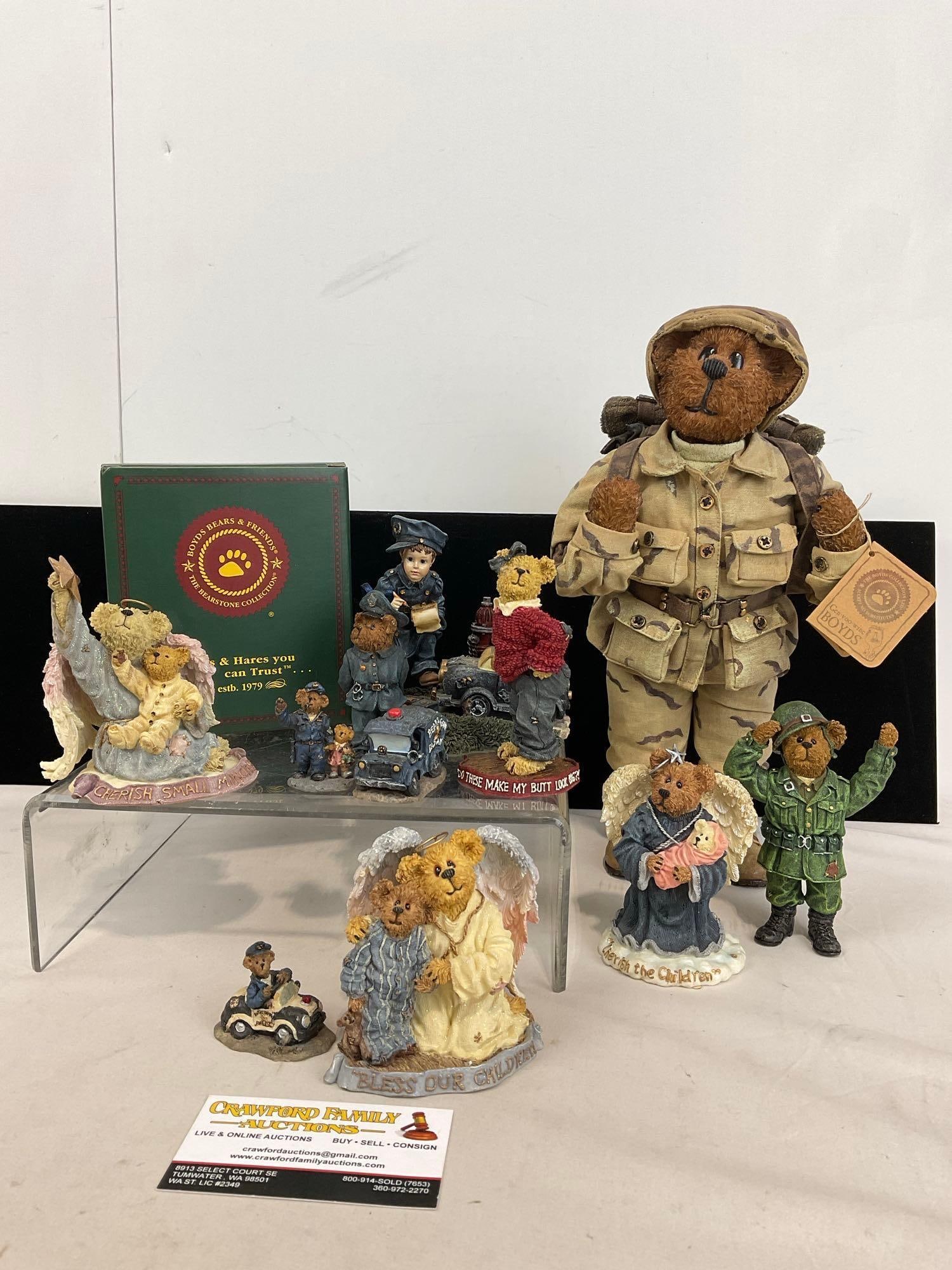 Selection of Boyds Bears Collectibles, 2x Soldier Figures, 4x Police Figures, 3x Angel Bear Figures: Appears to be in good shape. The piece fits in a box that measures approx 10h x 9w x 12d inches. See pics. E-5300