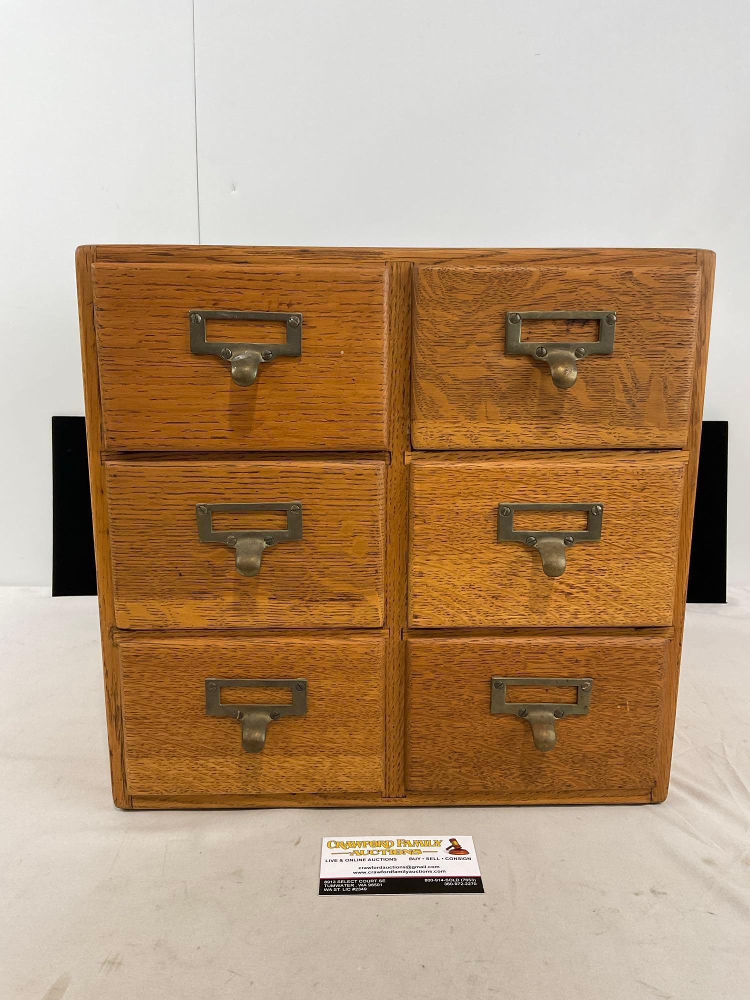 Beautiful Antique Tiger Oak Six-Drawer Card Index Filing Cabinet, 14h x 15w x 16d inches: Appears to be in good shape. The piece measures approx 14h x 15w x 16d inches. See pics. E-5360