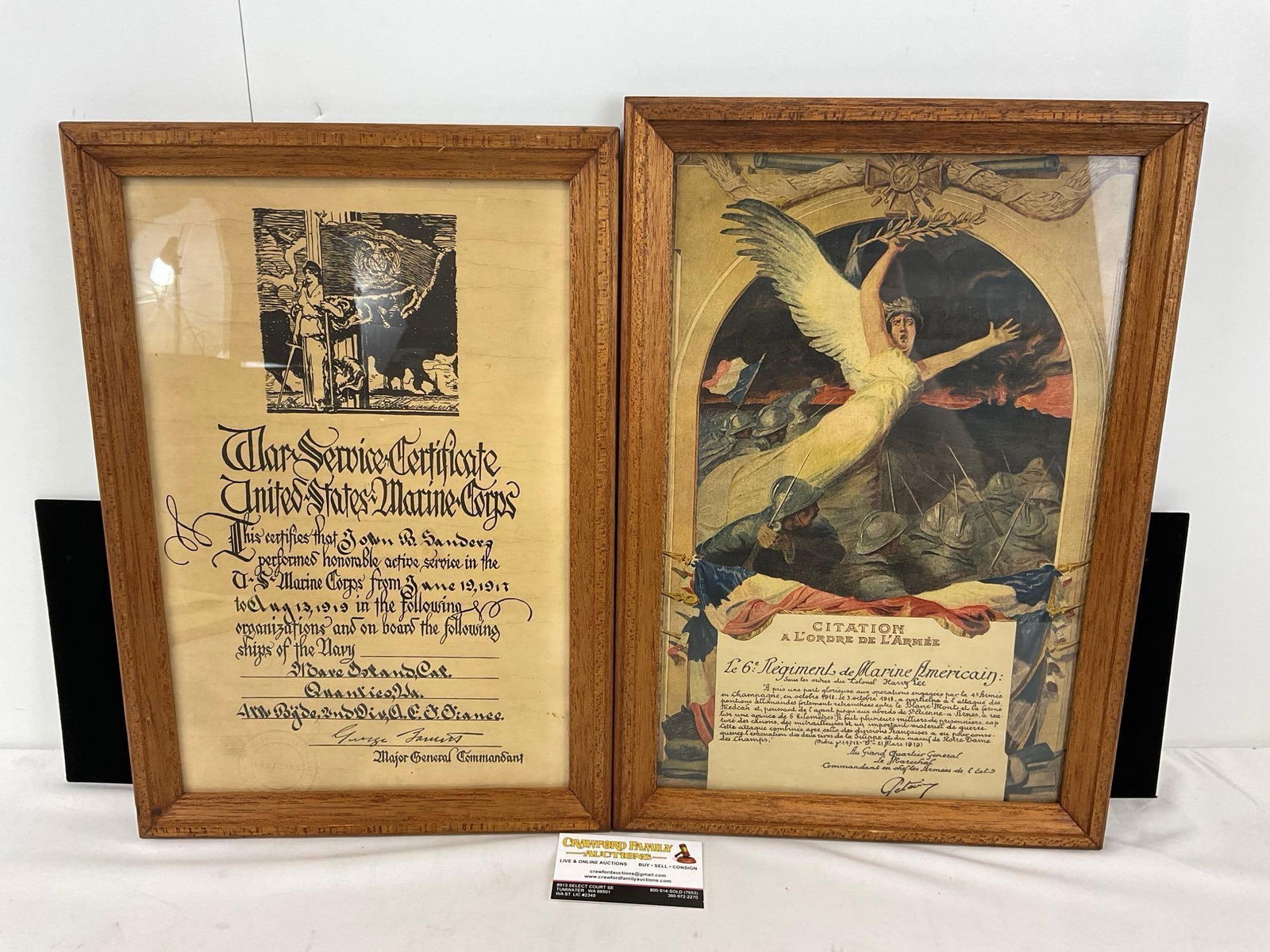 Framed Antique War Service Certificate USMC, looks to be handwritten, & French Army Commendation: Could be reproductions, though the Certificate looks to be real ink. Appears to be in good shape. The piece measures approx 18h x 13w x 3d inches. See pics. E-5360