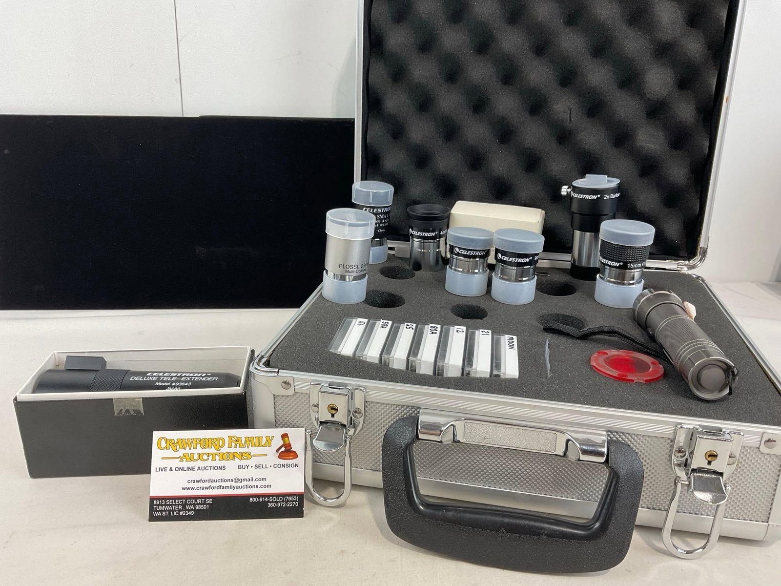 Celestron Case w/Lenses, 4mm, 6mm, 9mm, 15mm, 25mm, 2x & more: Appears to be in good shape. The piece measures approx 6h x 13w x 12d inches. See pics. E-5180