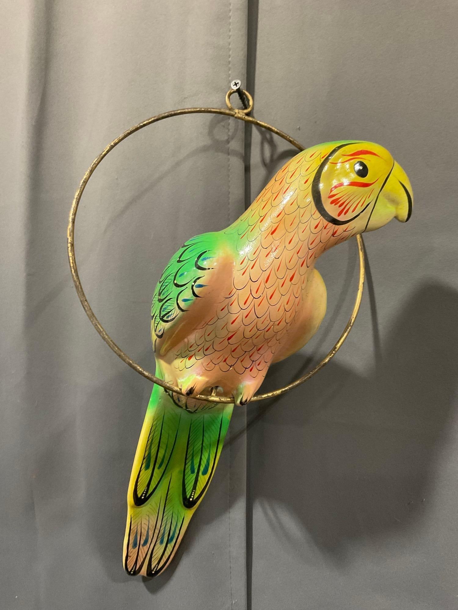 Mexican Handpainted Parrot Figure, on Metal Wall Hanging Hoop, Pink/Green, 12h x 9w x 15d inches (1 of 4)